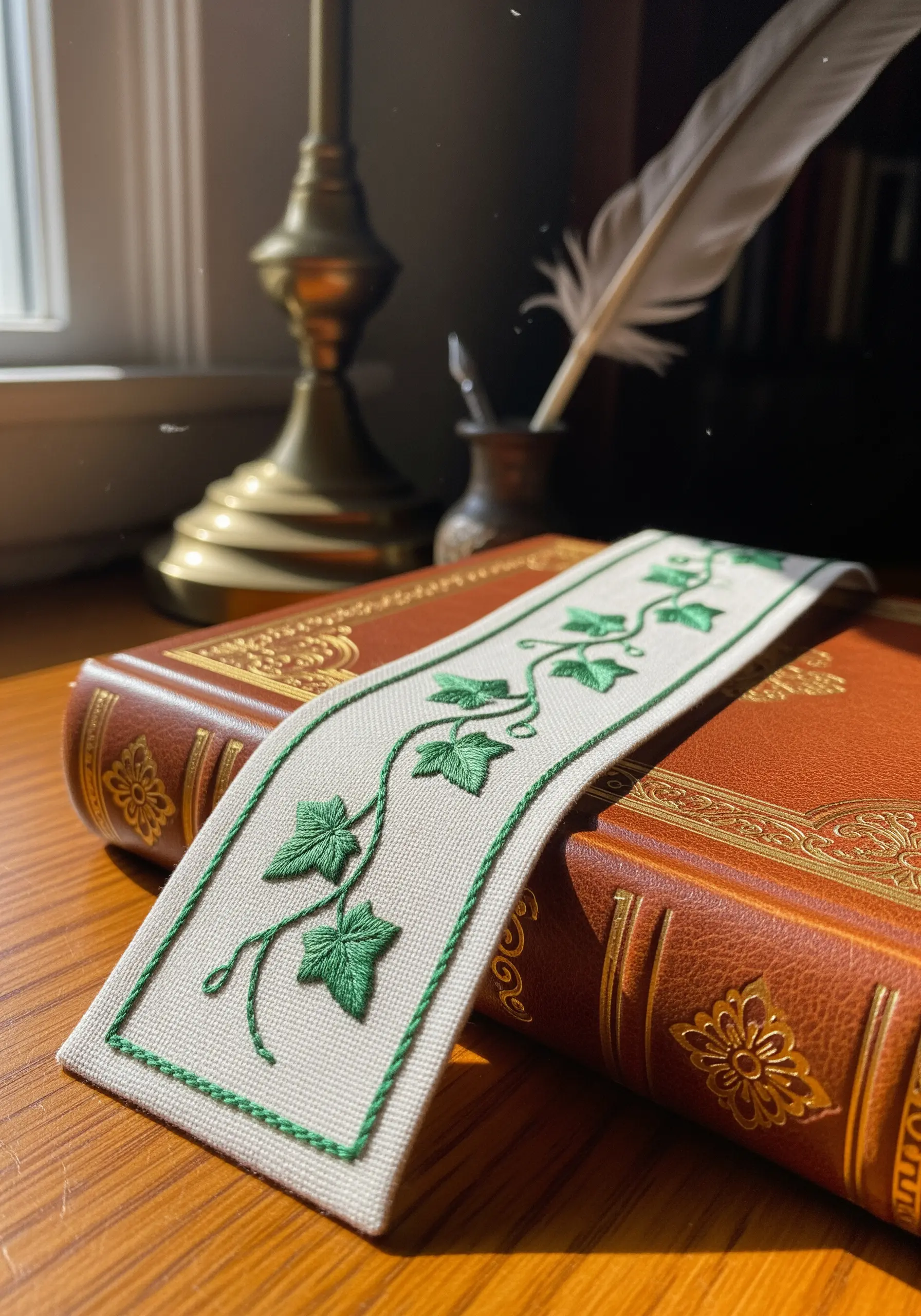 Embroidered ivy vine bookmark with satin-stitched leaves and a simple green border.