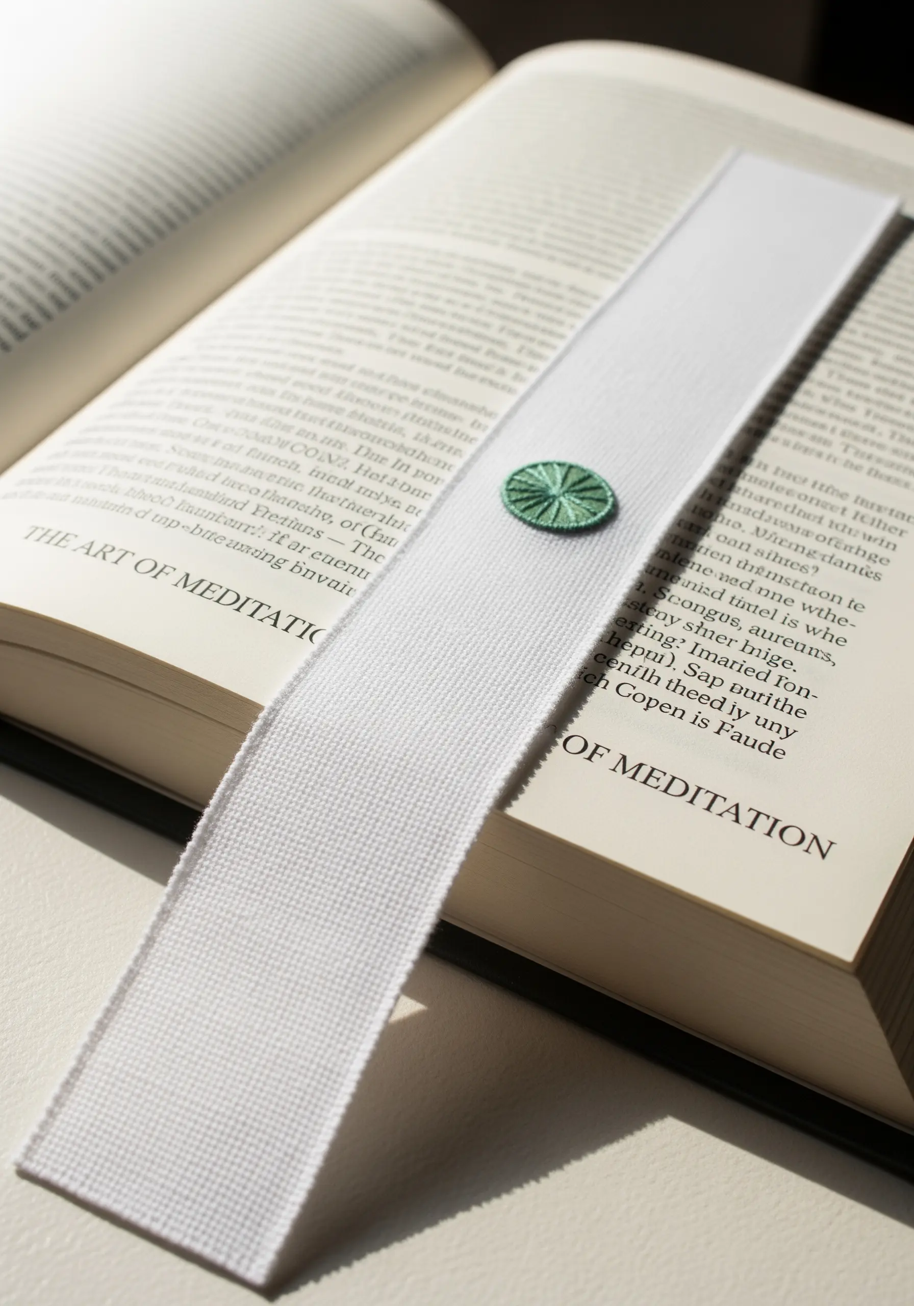 A white ribbon bookmark with a single, small green embroidered button at the top.