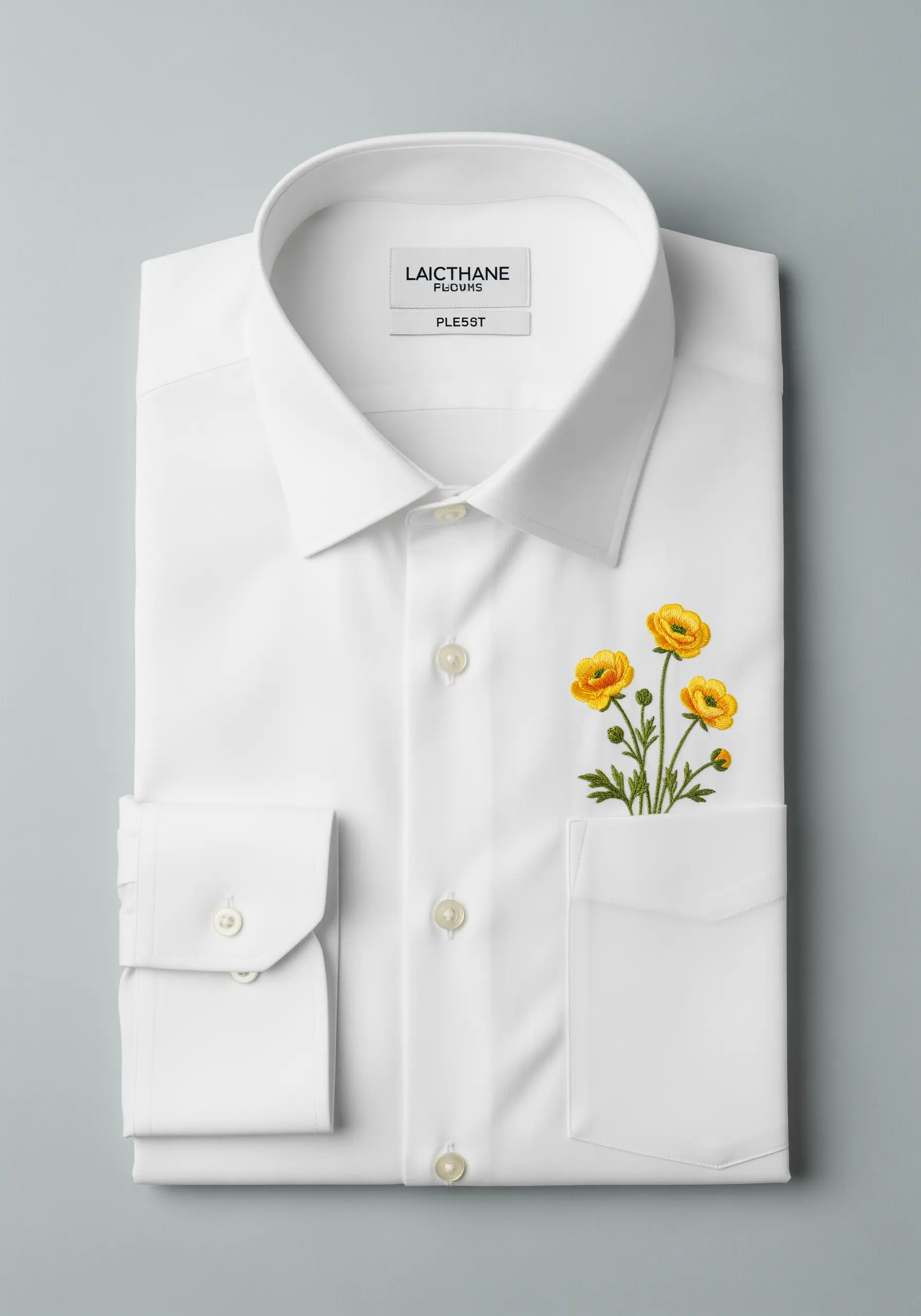 A small, delicate sprig of buttercups embroidered to look like it's in a shirt pocket.