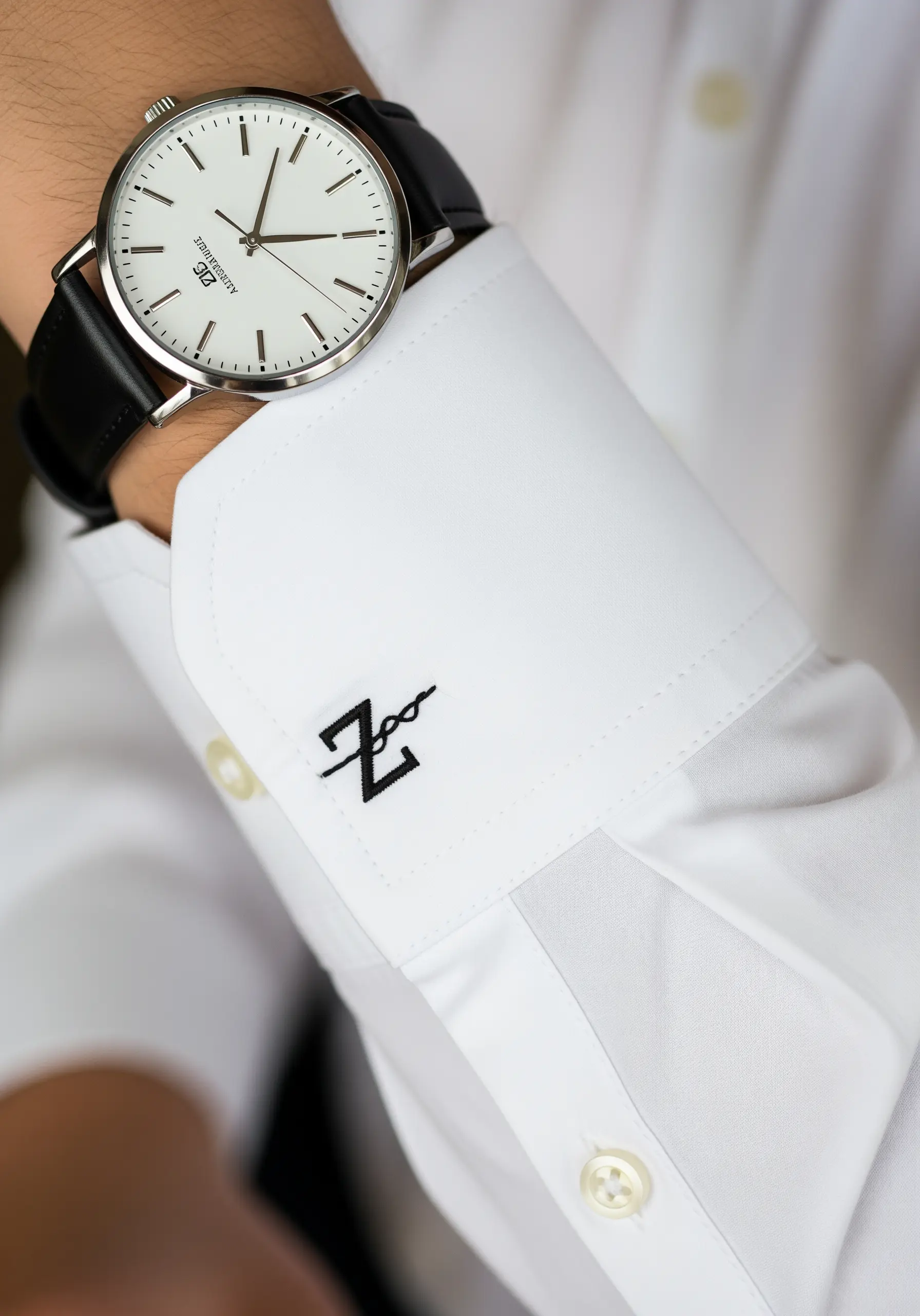 A modern, graphic 'Z' monogram stitched in black on a white shirt cuff.