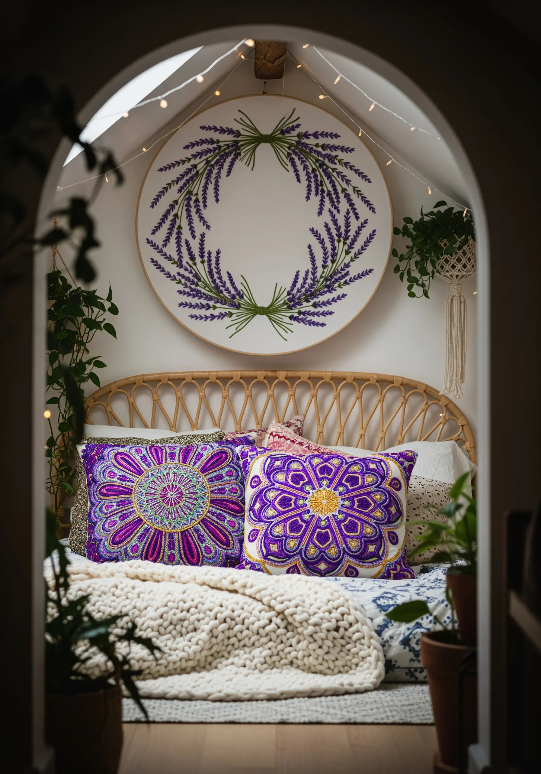A large embroidery hoop with a lavender wreath design hanging in a cozy arched nook.