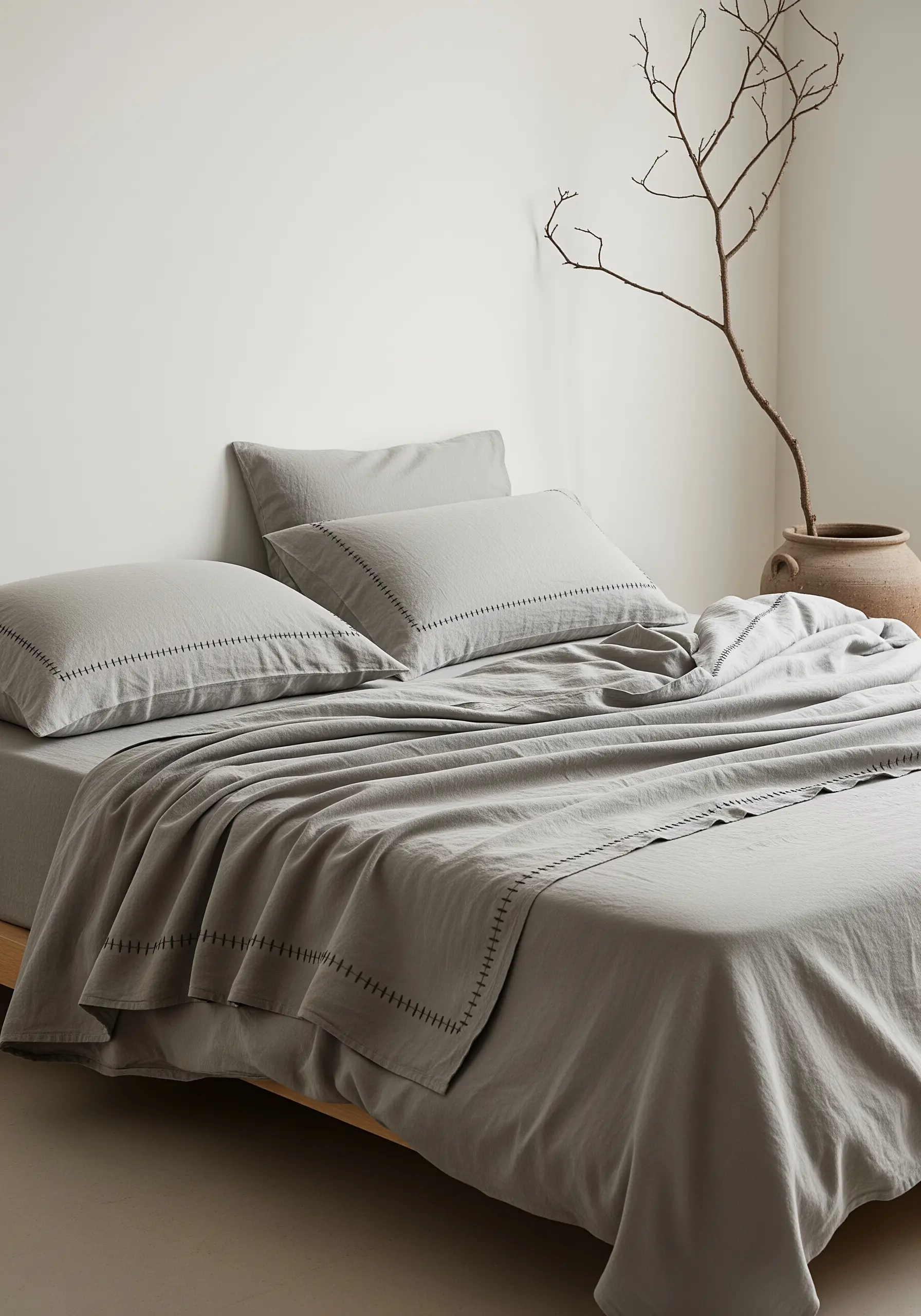 A simple, bold running stitch border in black thread on grey linen bedsheets.