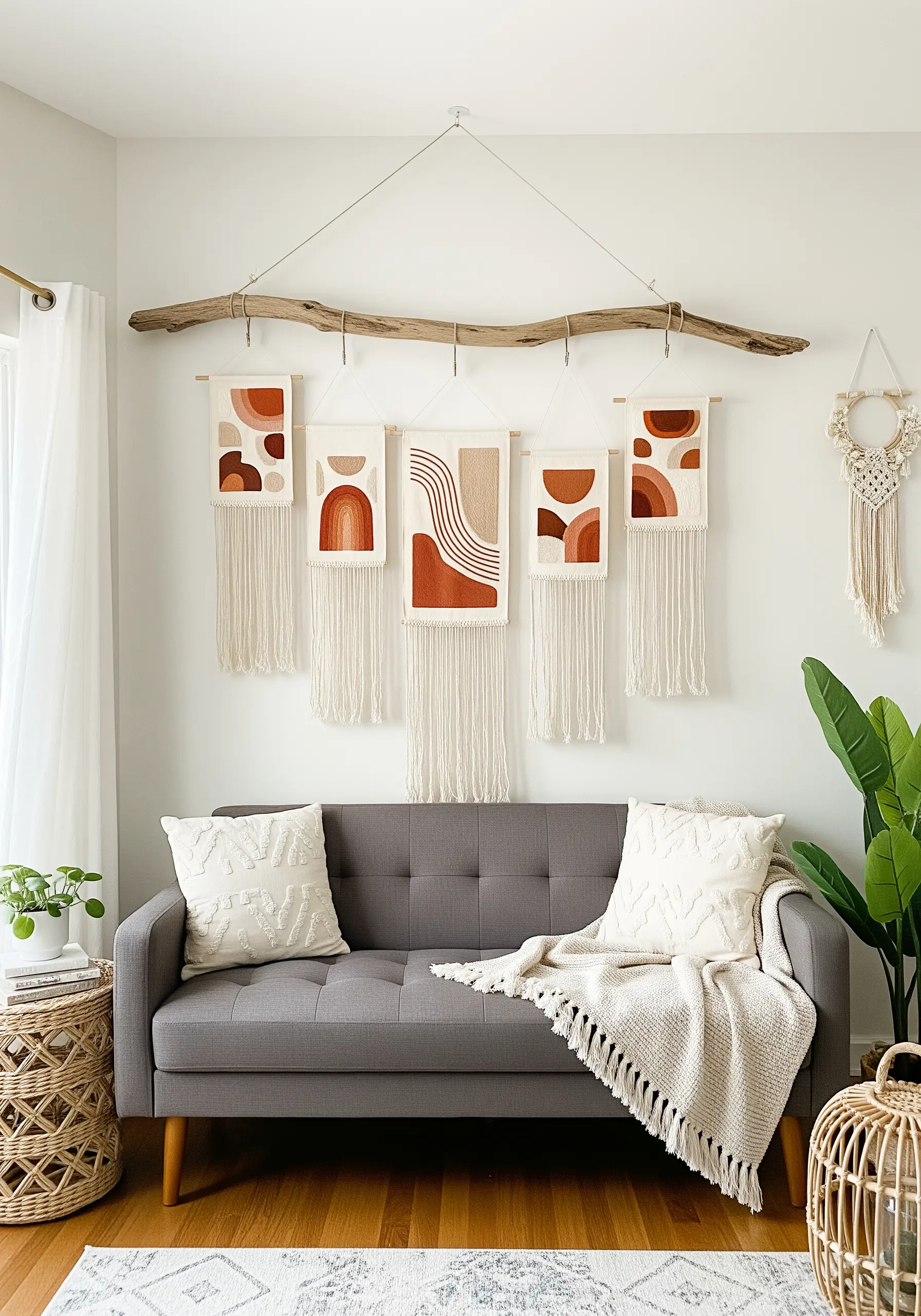 A series of abstract embroidered wall hangings suspended from a large piece of driftwood.