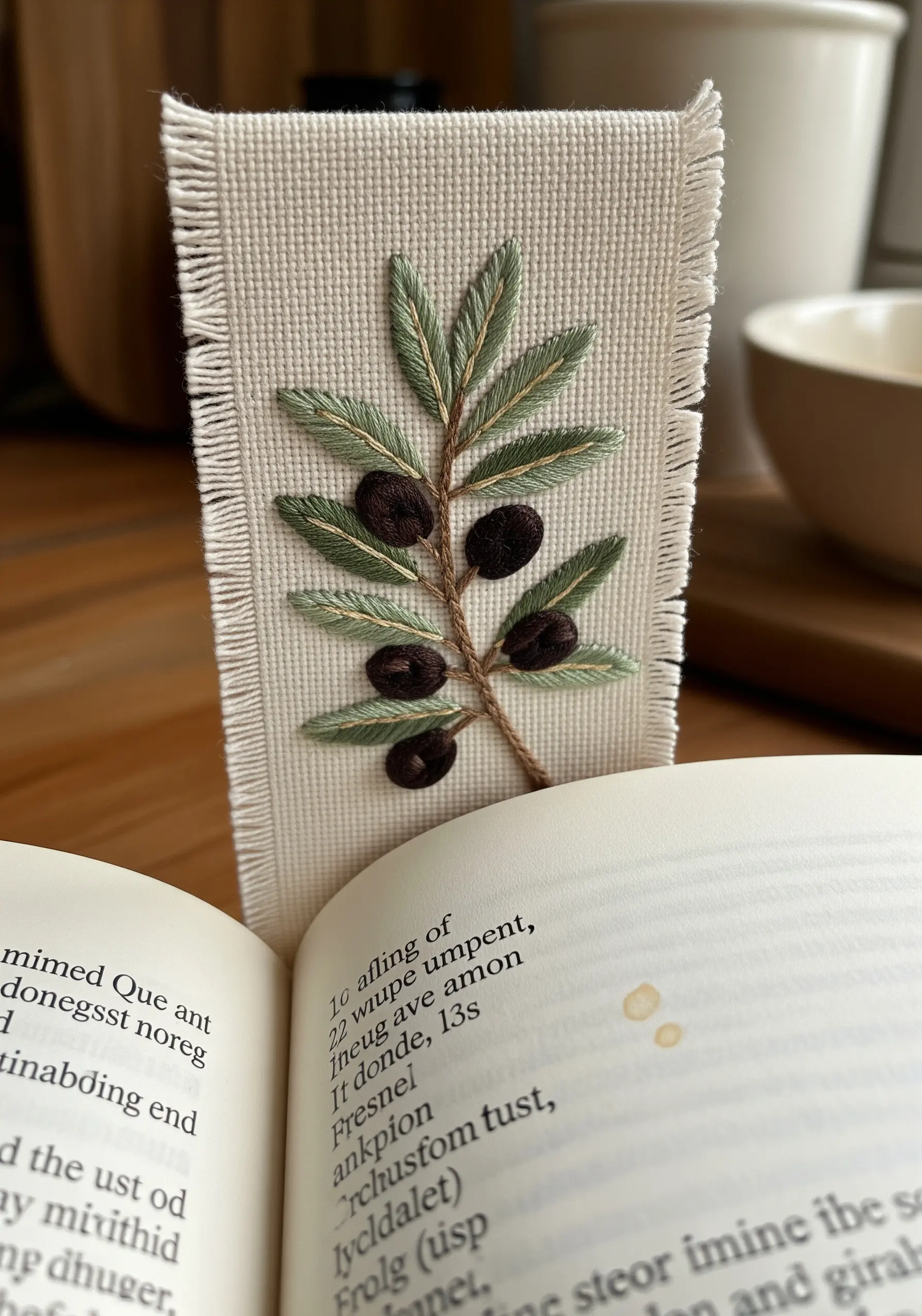 Embroidered olive branch on a bookmark with frayed edges and dimensional stitches.