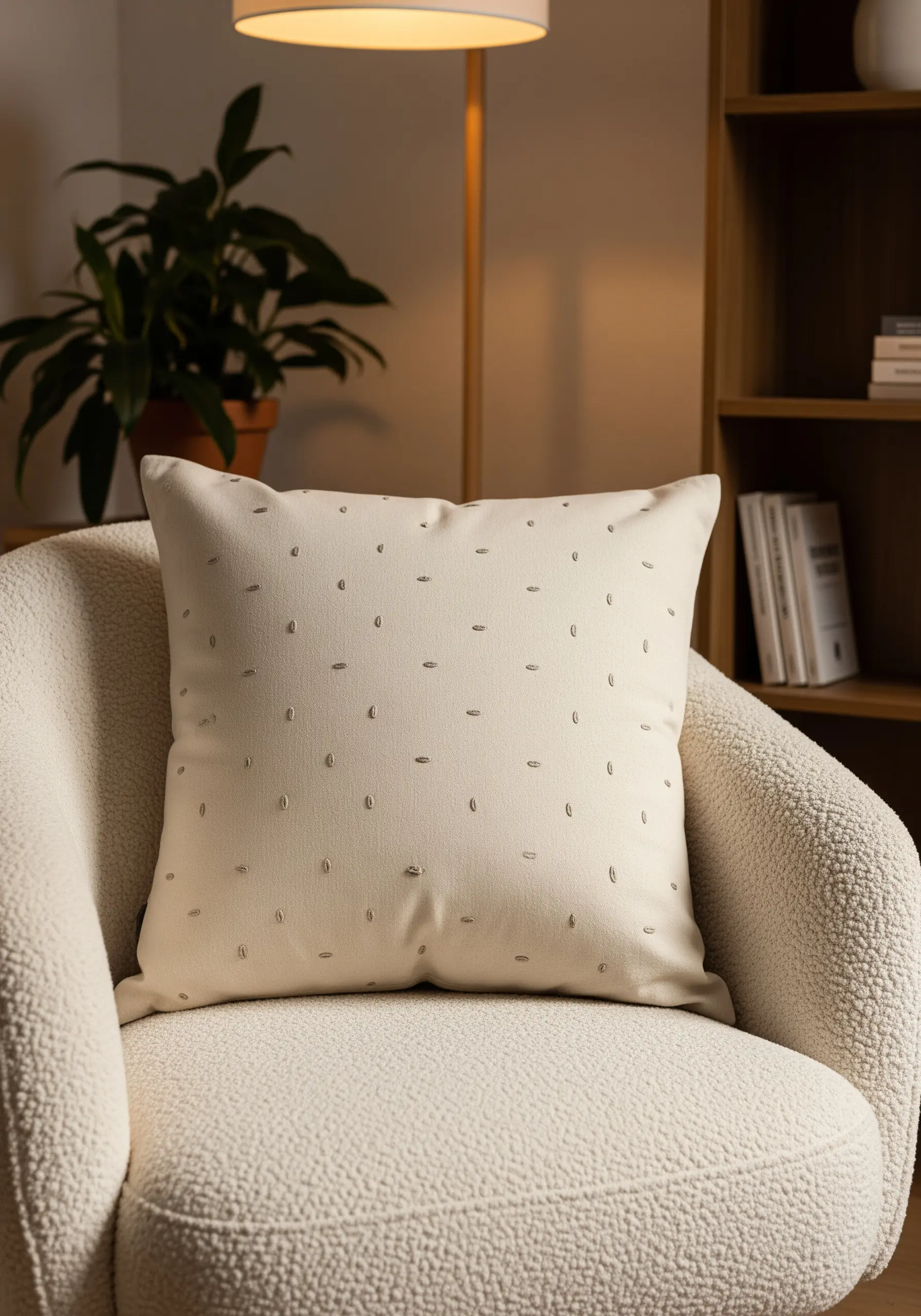 Cream pillow cover decorated with a scattered pattern of small, dark seed stitches.
