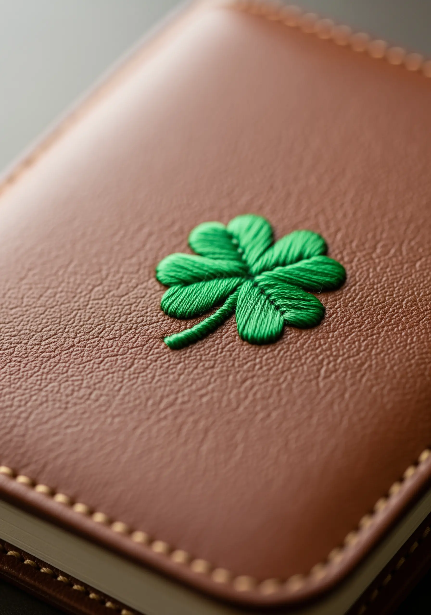 A plump, four-leaf clover with shaded satin stitch on a brown leather journal.