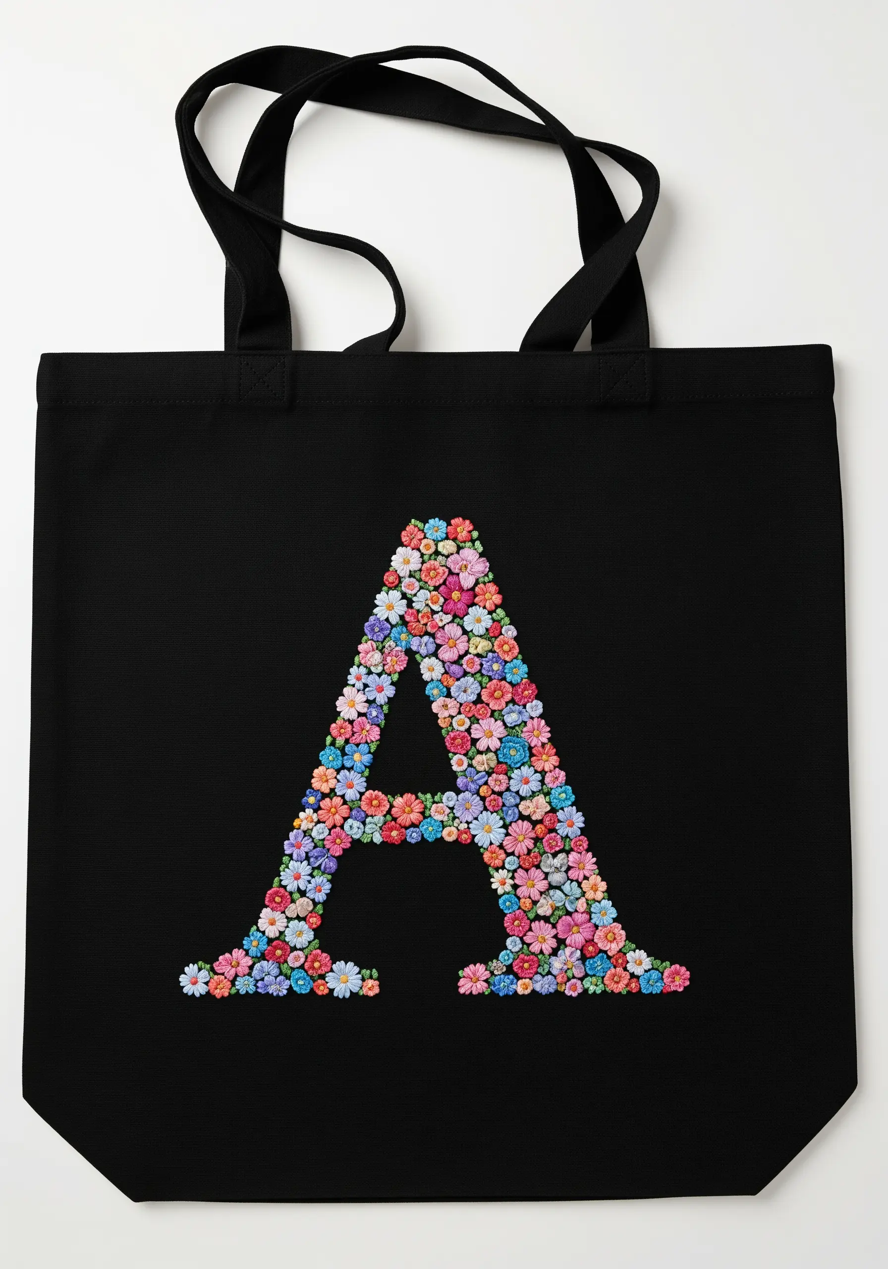 A monogram letter 'A' completely filled in with tiny, colorful embroidered flowers on a black tote.