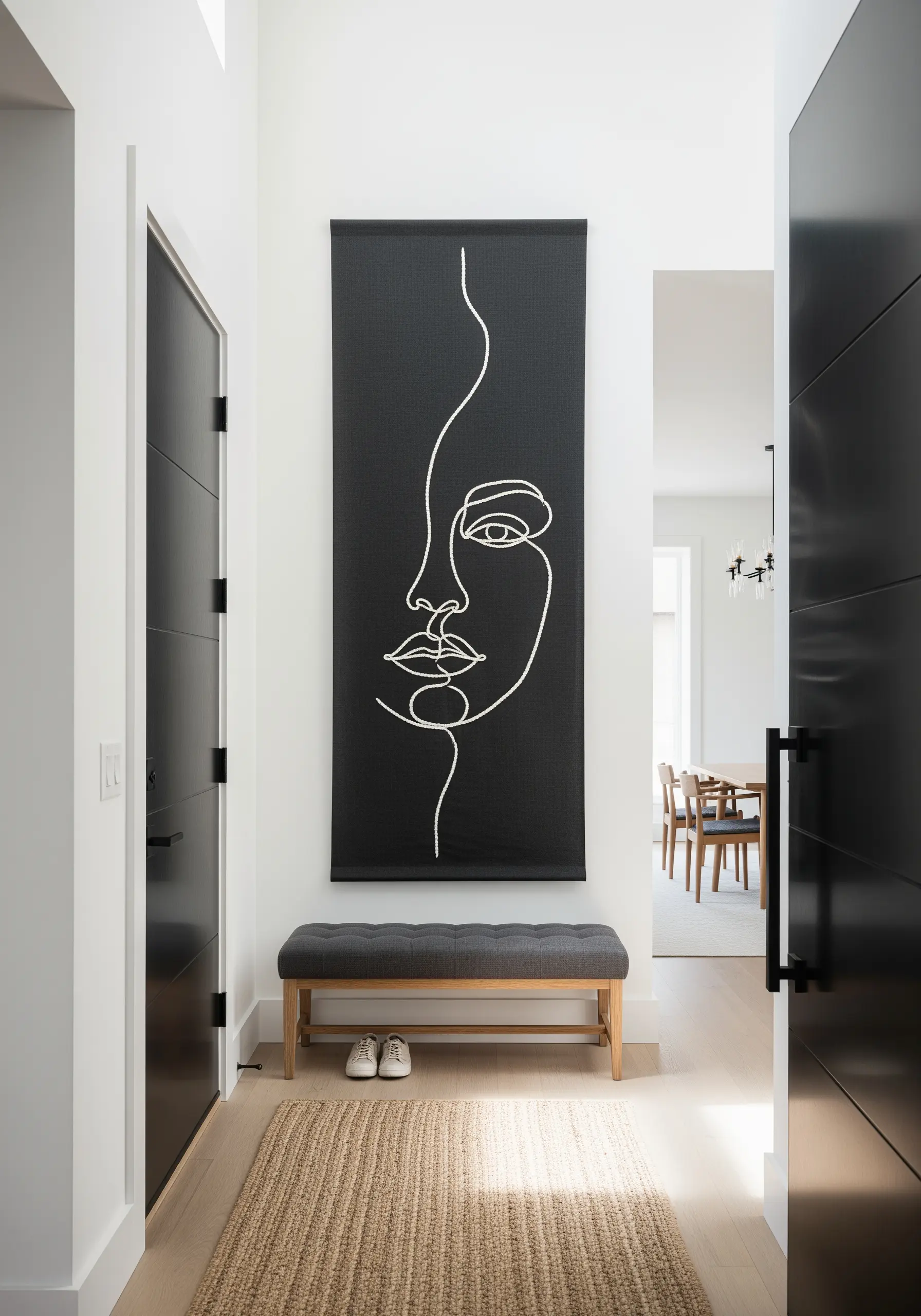 A large black wall hanging featuring a minimalist face portrait in a single white line.