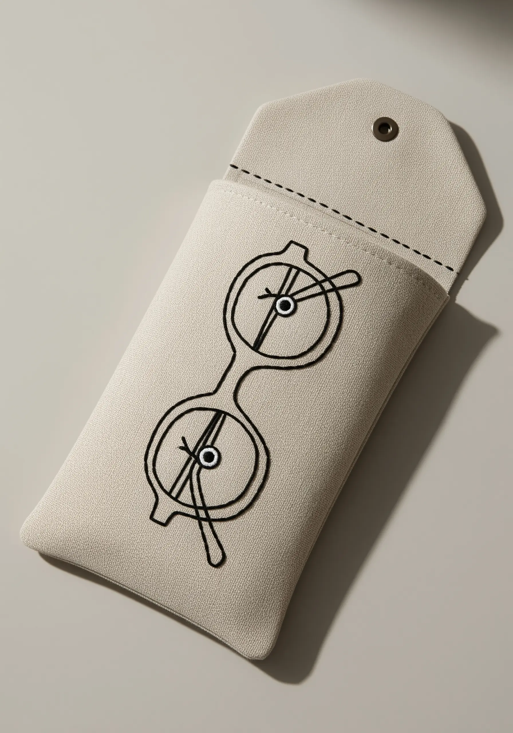 Minimalist black outline of eyeglasses embroidered on a cream-colored case.