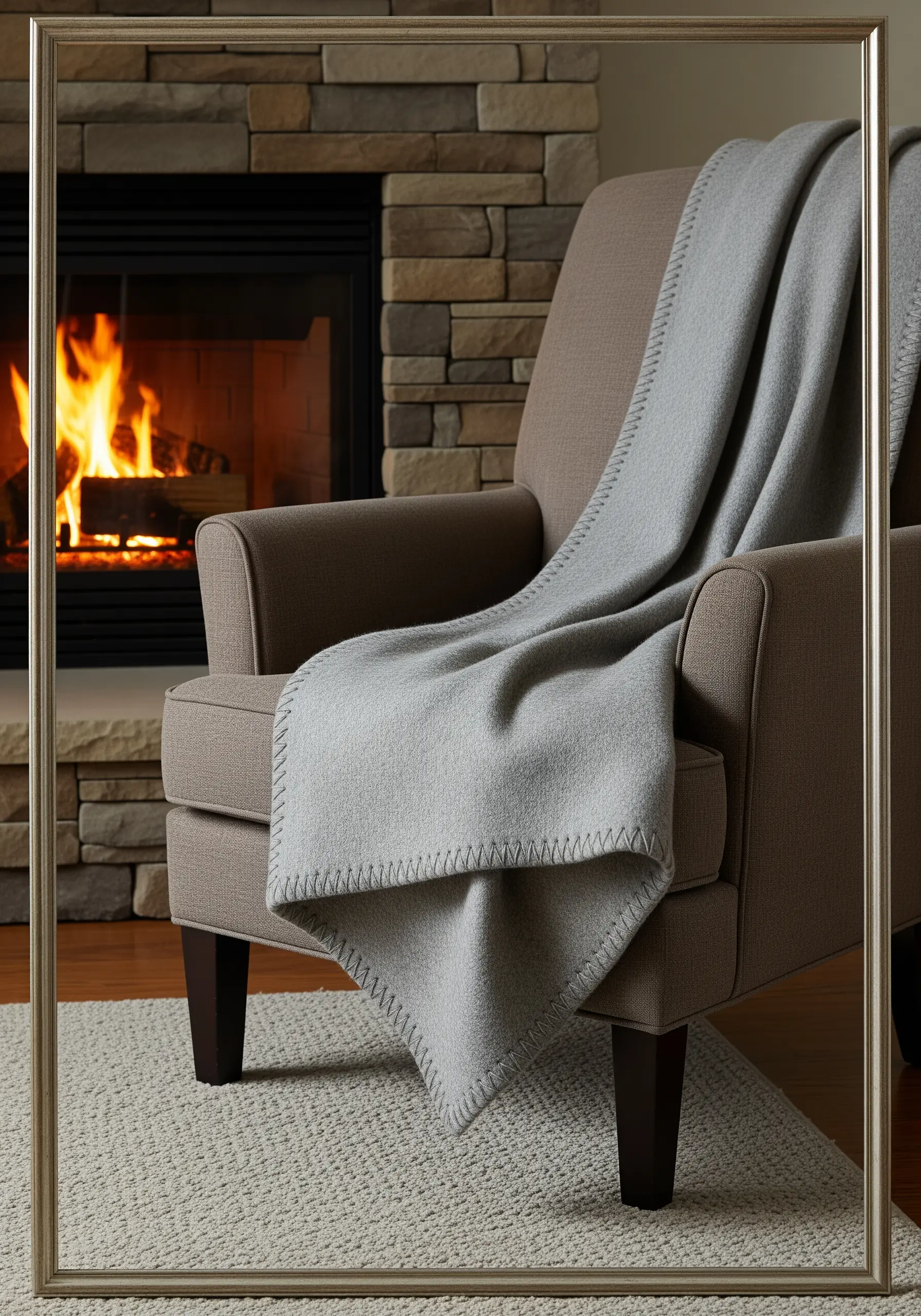 A simple, neat blanket stitch in a contrasting grey thread finishes the edge of a wool blanket.