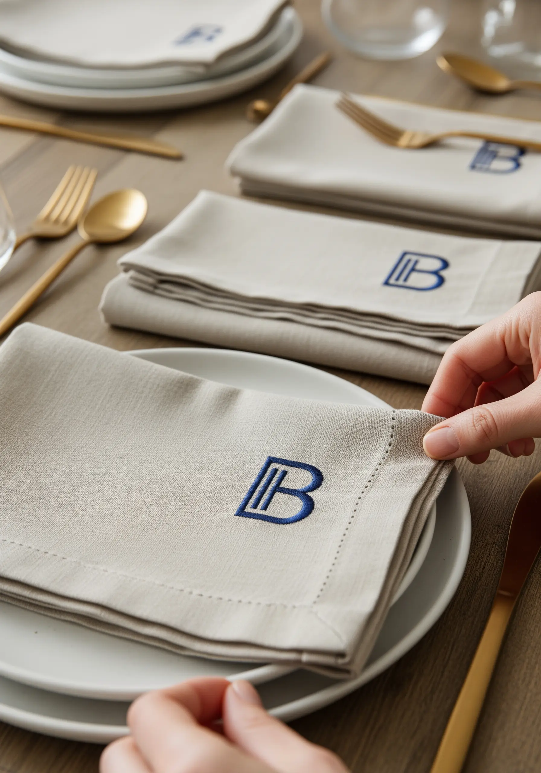 A neatly embroidered blue initial 'B' on a folded linen napkin.