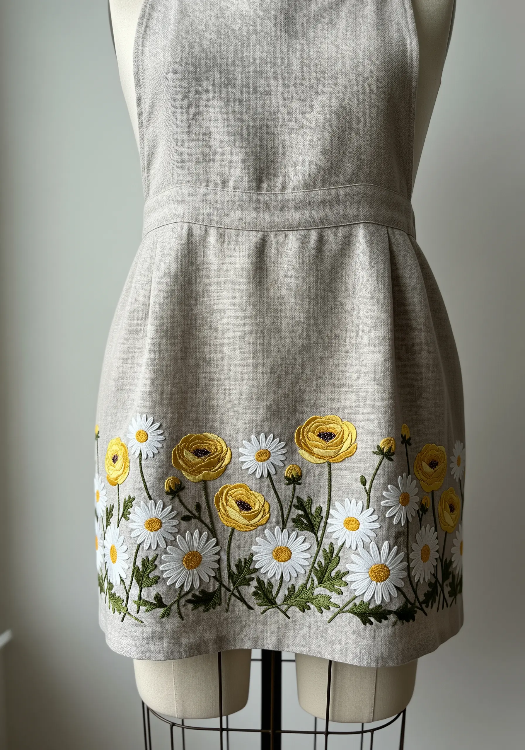 Dense border of embroidered daisies and buttercups along the hem of a neutral linen dress.
