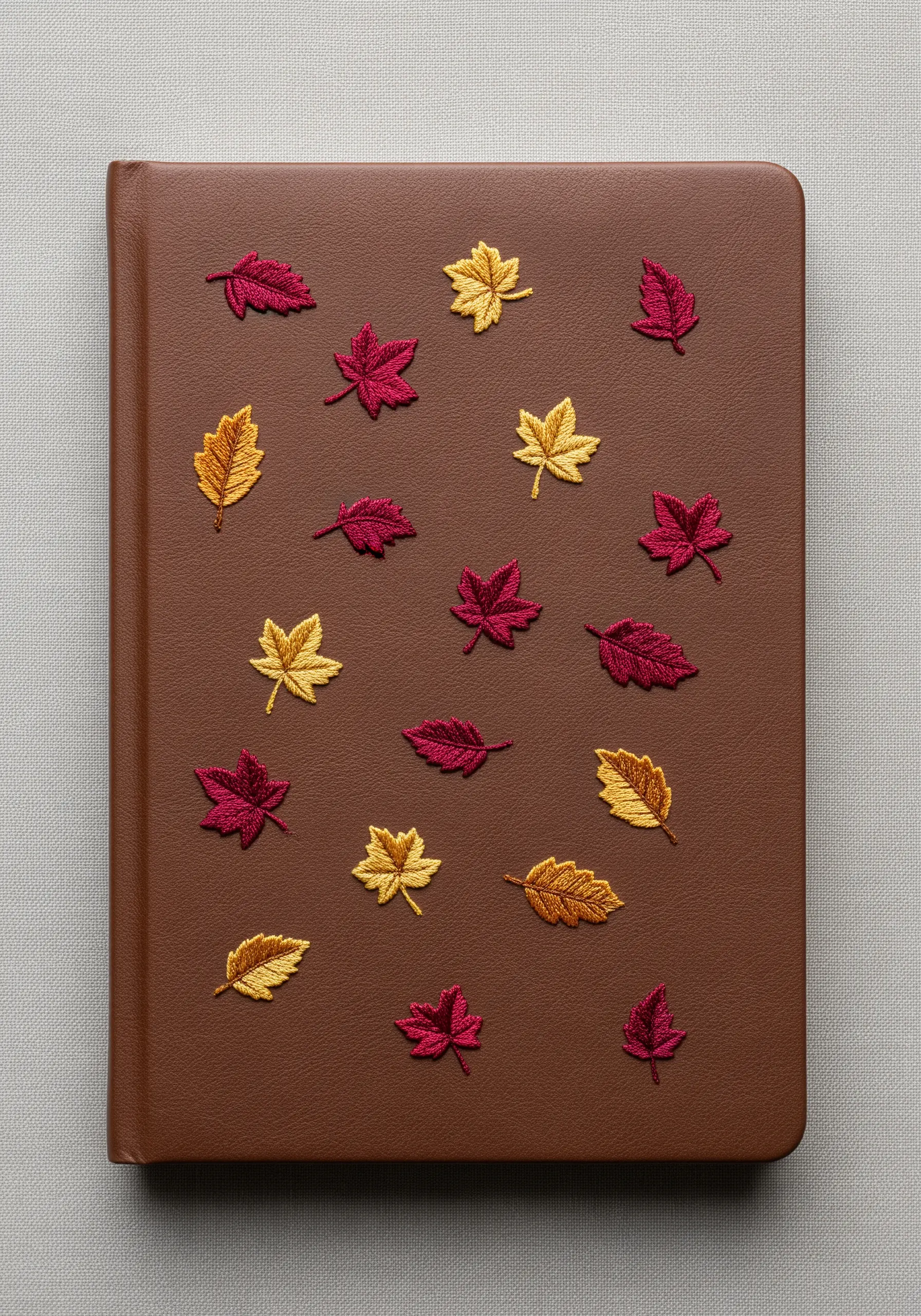 A brown journal cover decorated with a scattered pattern of small embroidered autumn leaves.