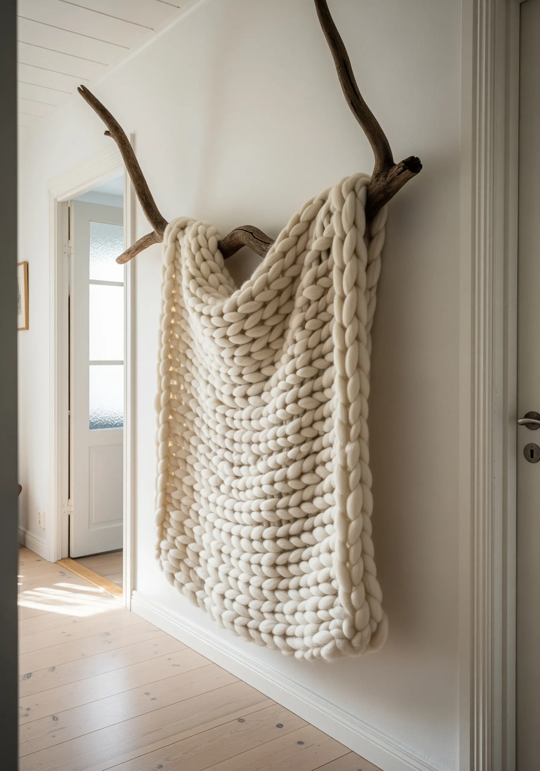 A chunky cream-colored knit blanket draped over a natural branch on a wall.