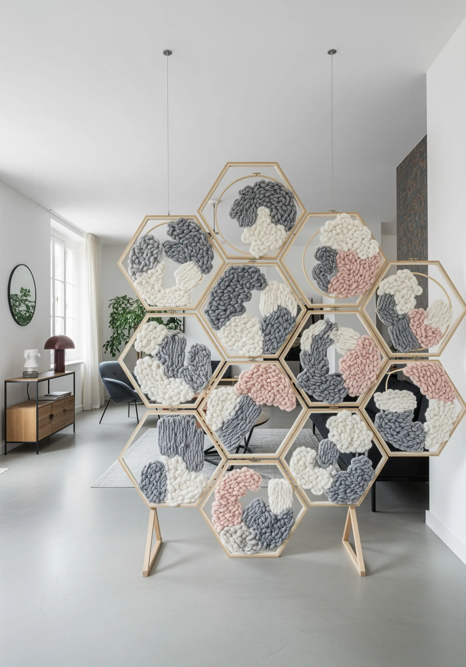 Chunky woven yarn in abstract shapes within hexagonal embroidery hoops.