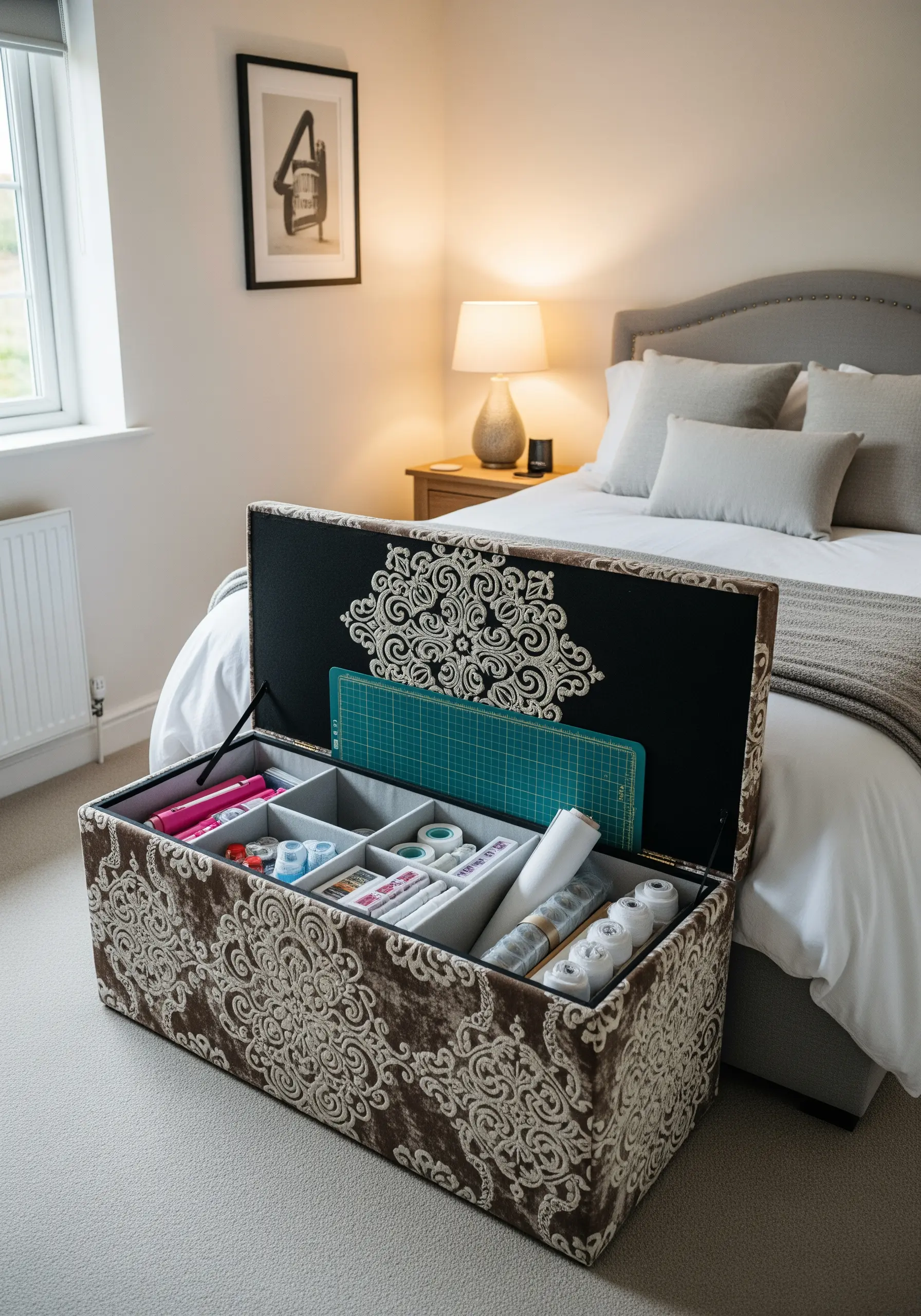 A storage ottoman with an embroidered damask pattern, opened to reveal craft supplies.