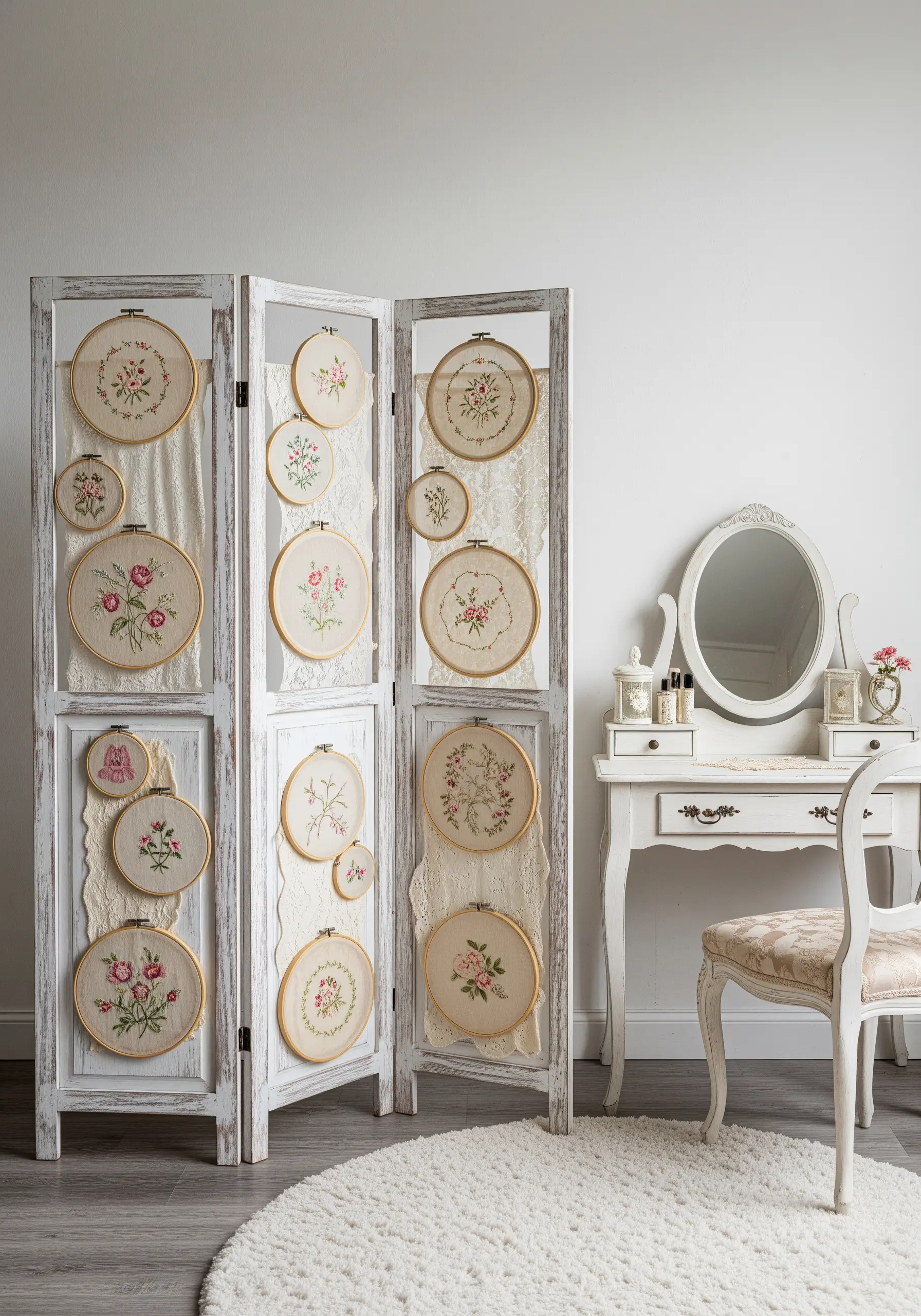 Vintage floral embroidery hoops mounted on a distressed white wooden folding screen.