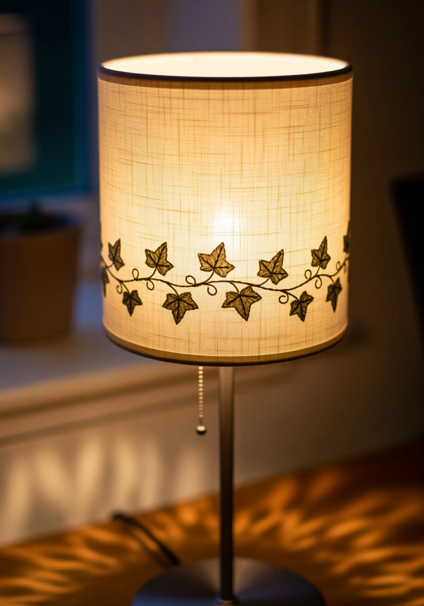 A lampshade with a dark ivy vine embroidered around the bottom, creating a silhouette effect.