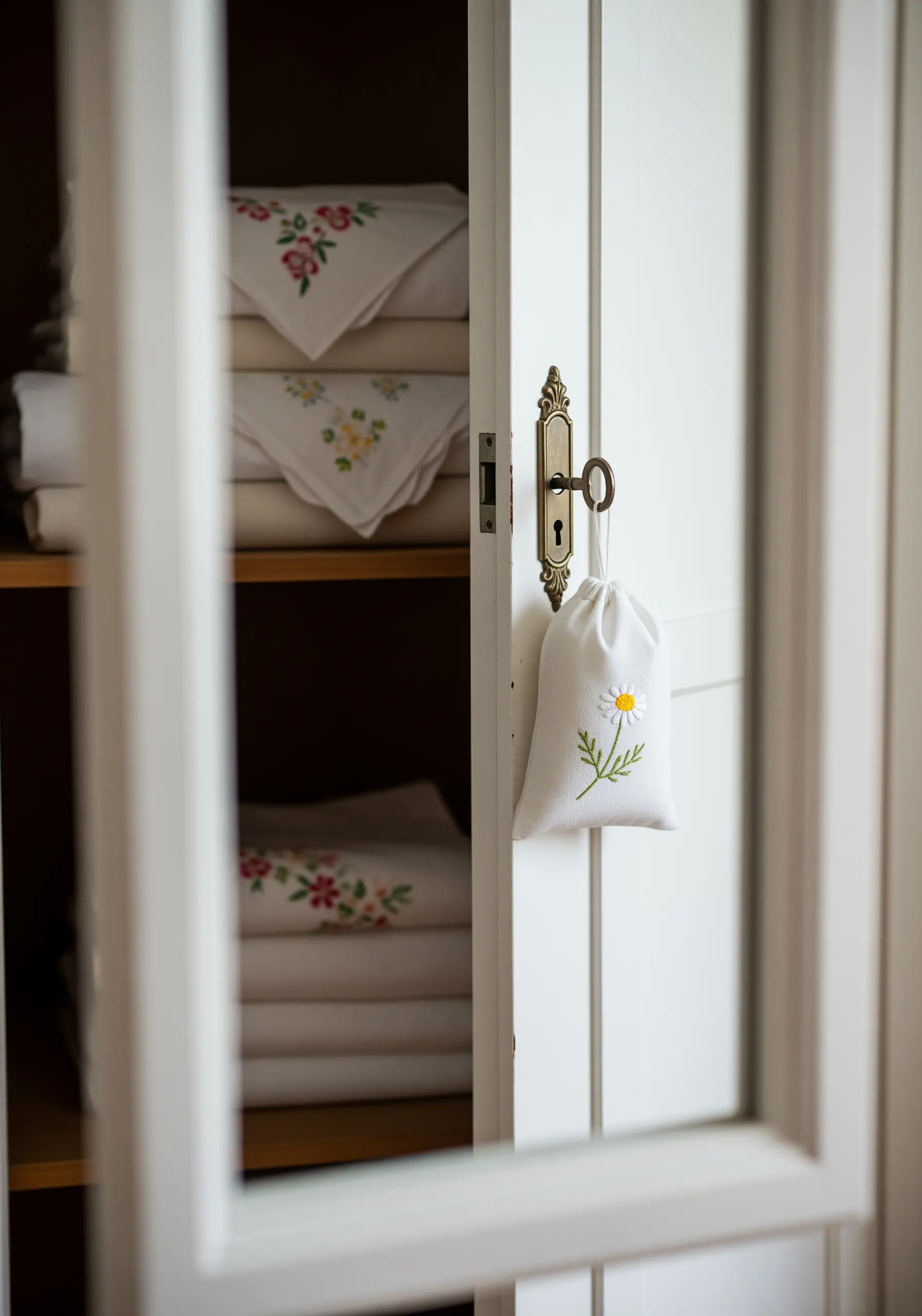 A small linen drawstring bag, scented sachet, embroidered with a single white daisy.