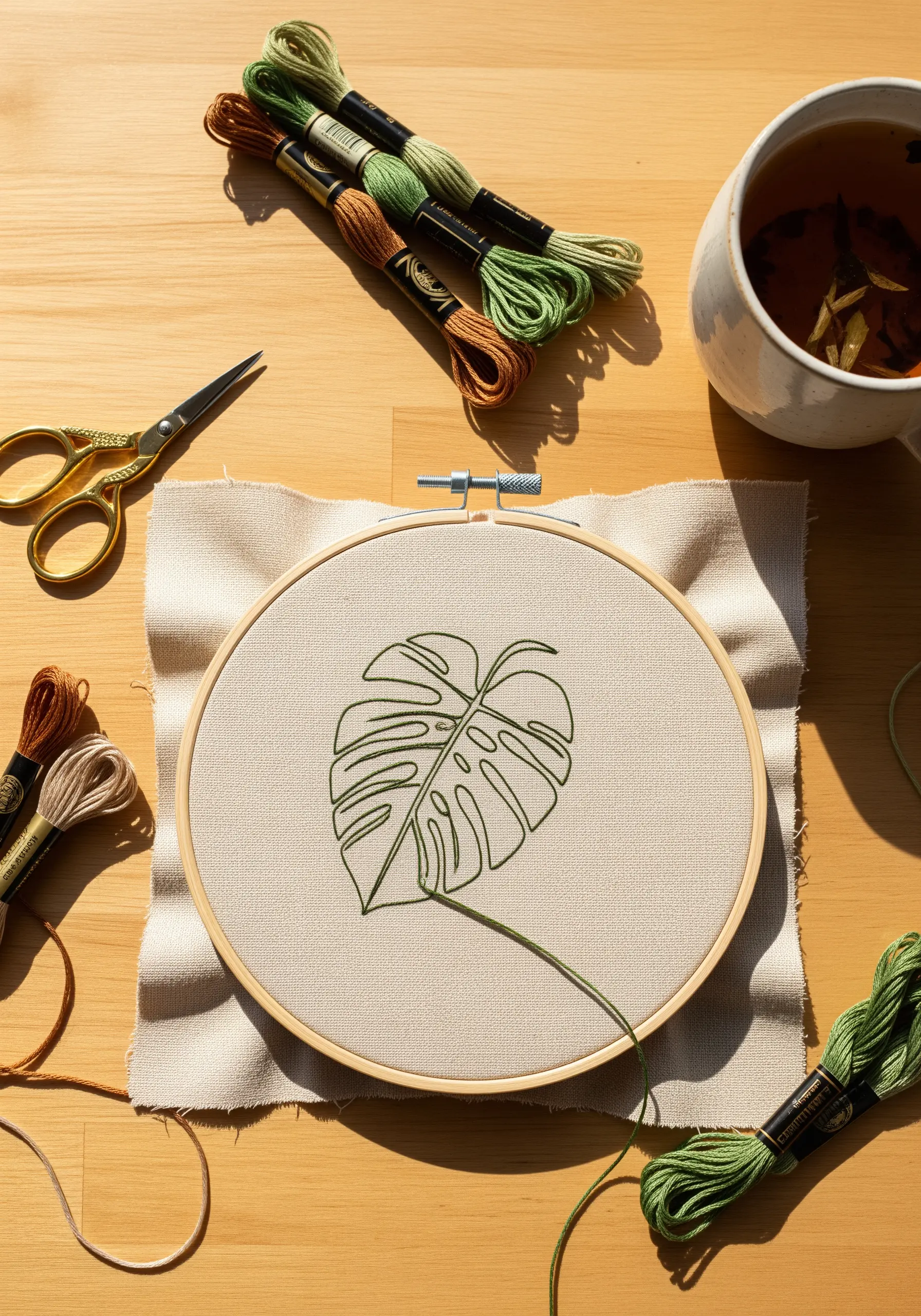 A simple backstitch outline of a monstera leaf on neutral fabric in a wooden hoop.