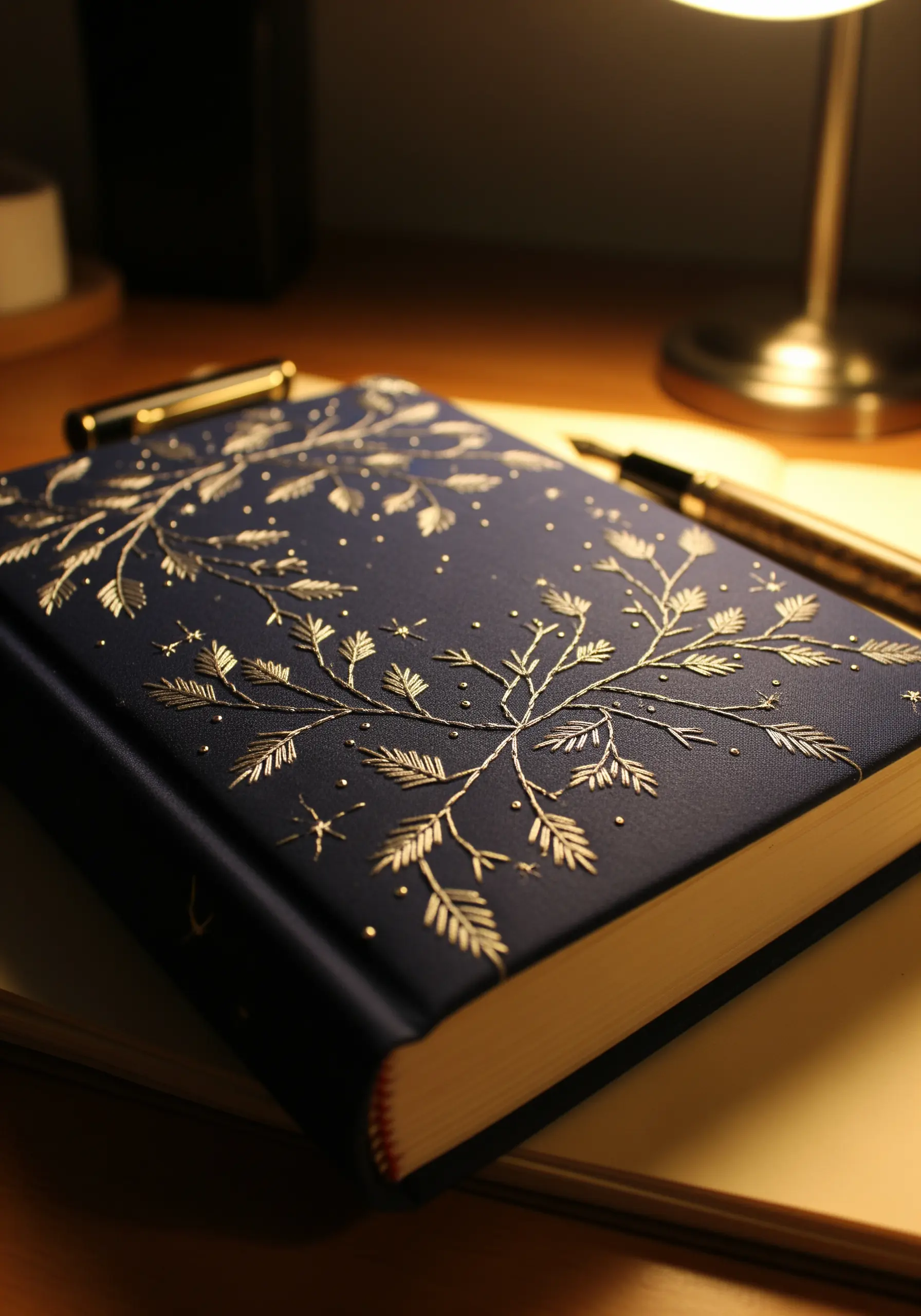 Delicate silver branches embroidered on a dark blue journal, dotted with tiny 'stars'.