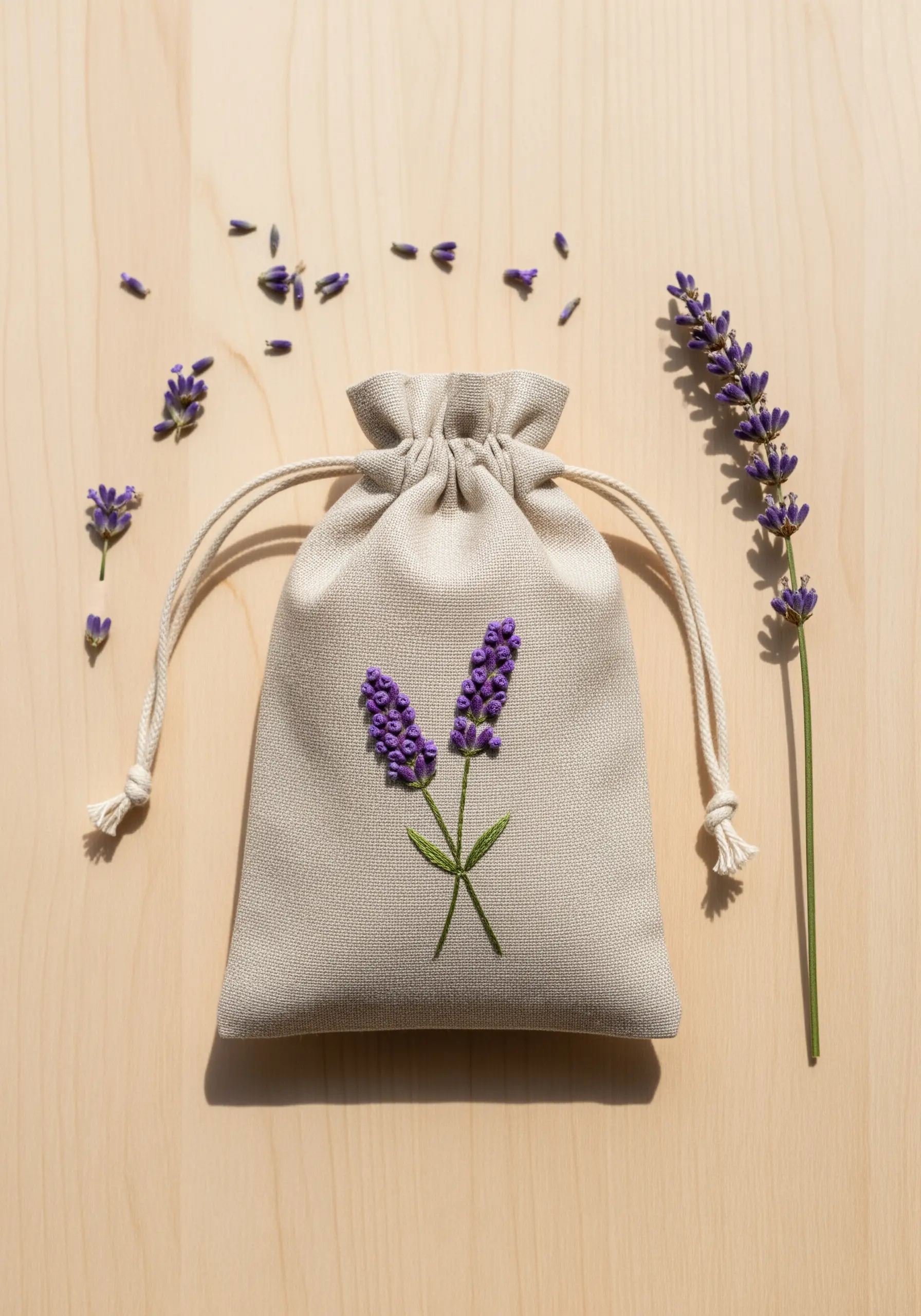 Two sprigs of lavender embroidered with purple French knots on a linen sachet.