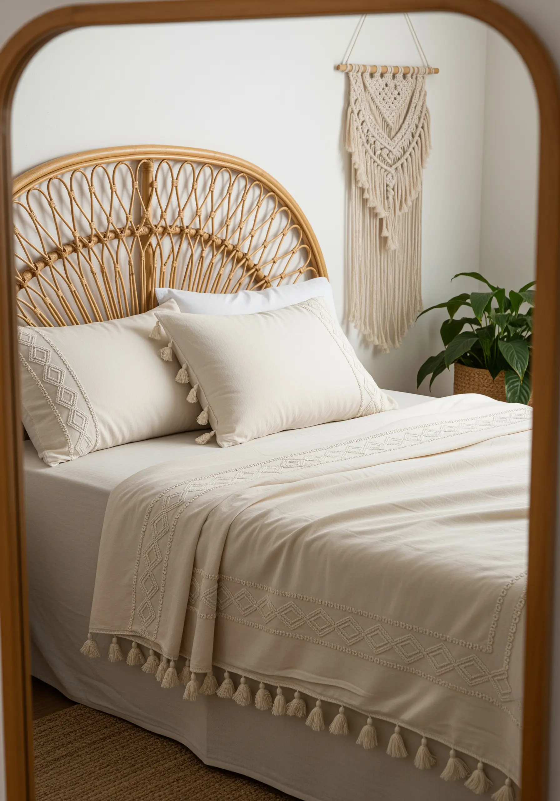 A textural, geometric diamond border with tassels on cream-colored bedsheets.