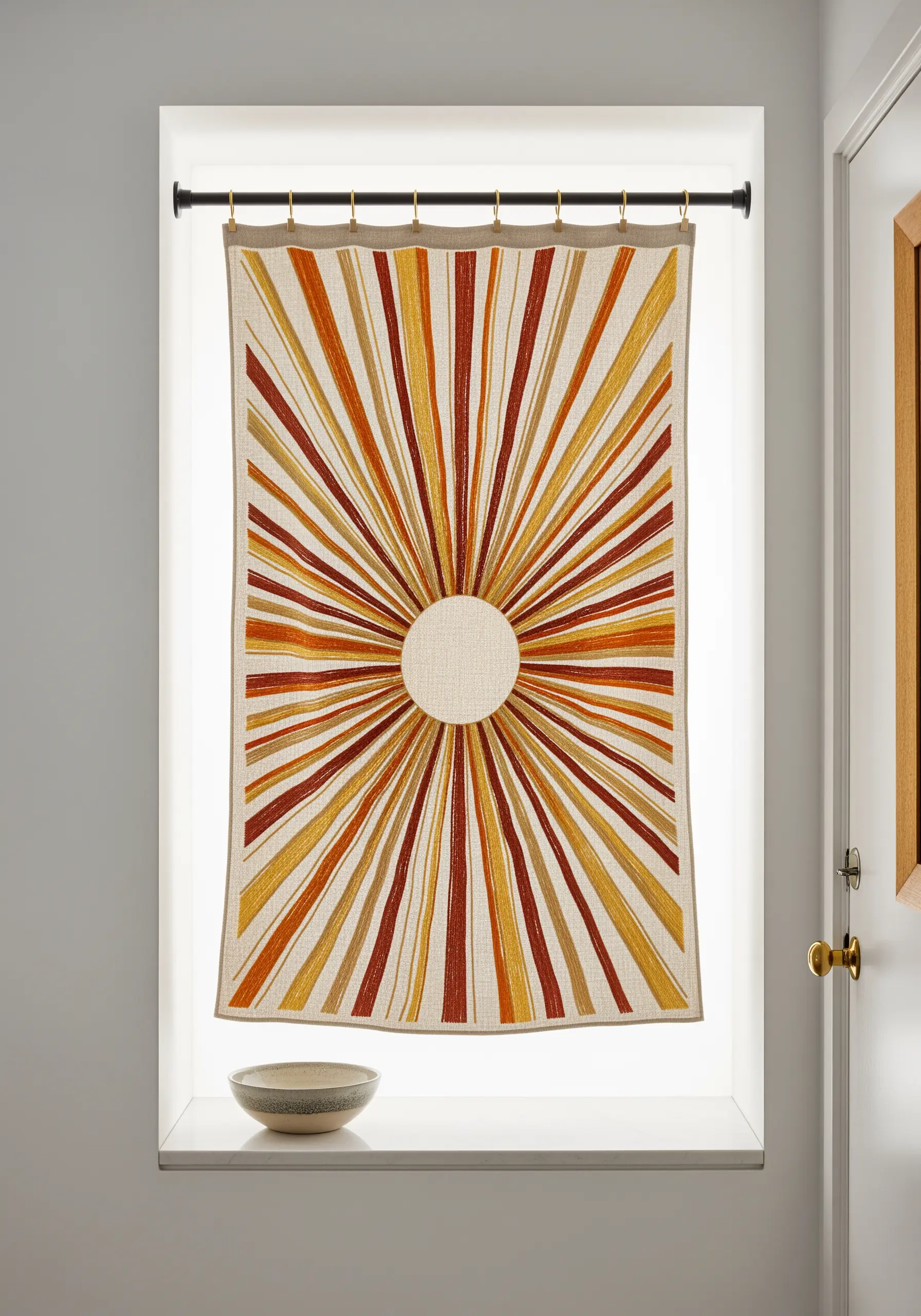 Large sunburst embroidery panel hanging from a tension rod in a window frame.