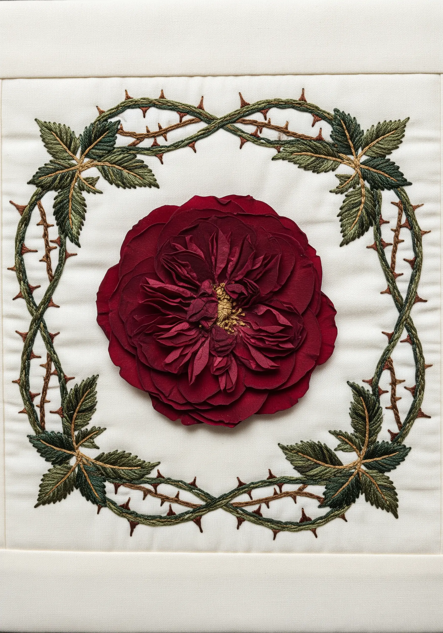 A large pressed red rose framed by a square of embroidered thorny vines and leaves.
