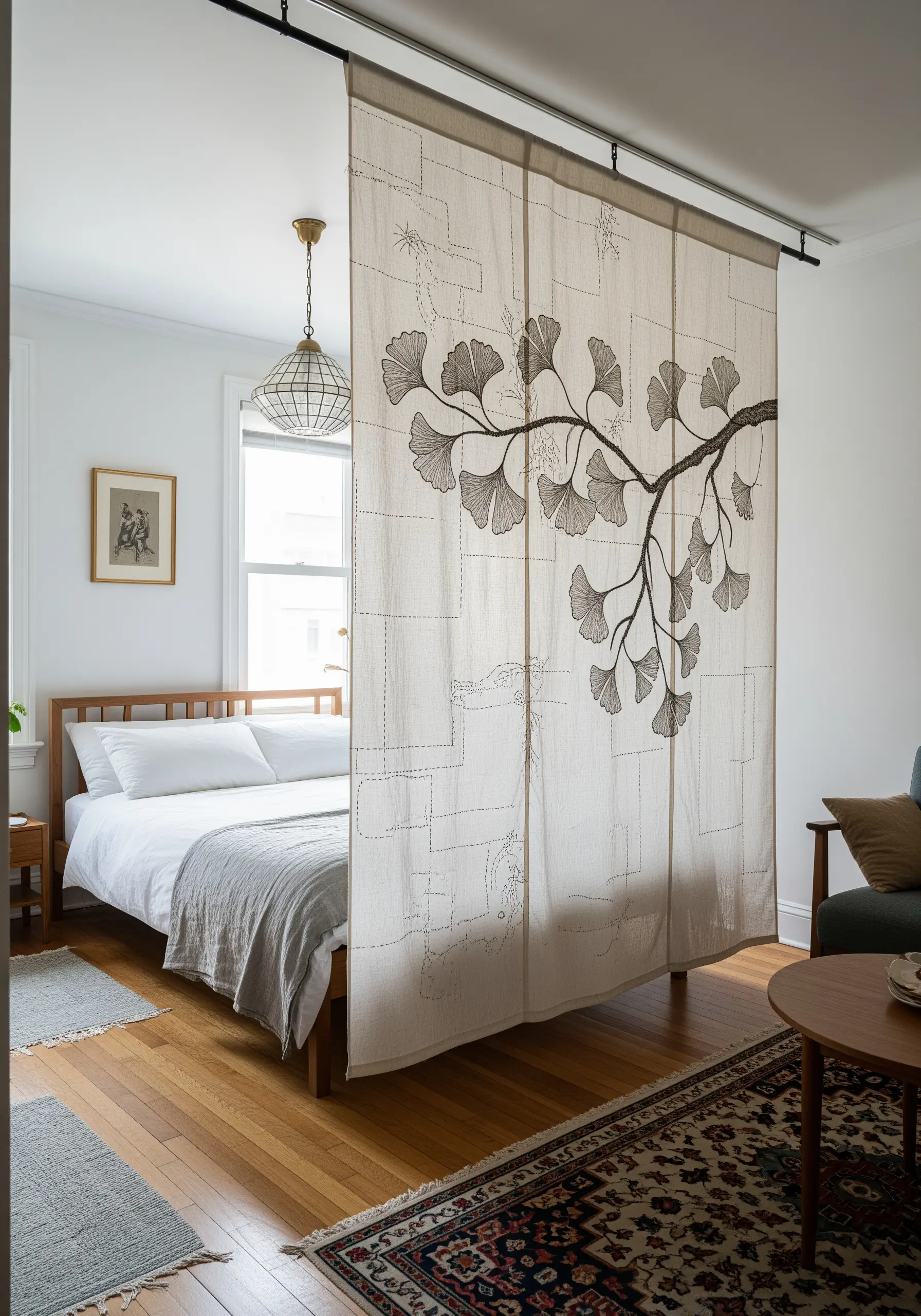 A sheer fabric room divider embroidered with a large ginkgo branch design.