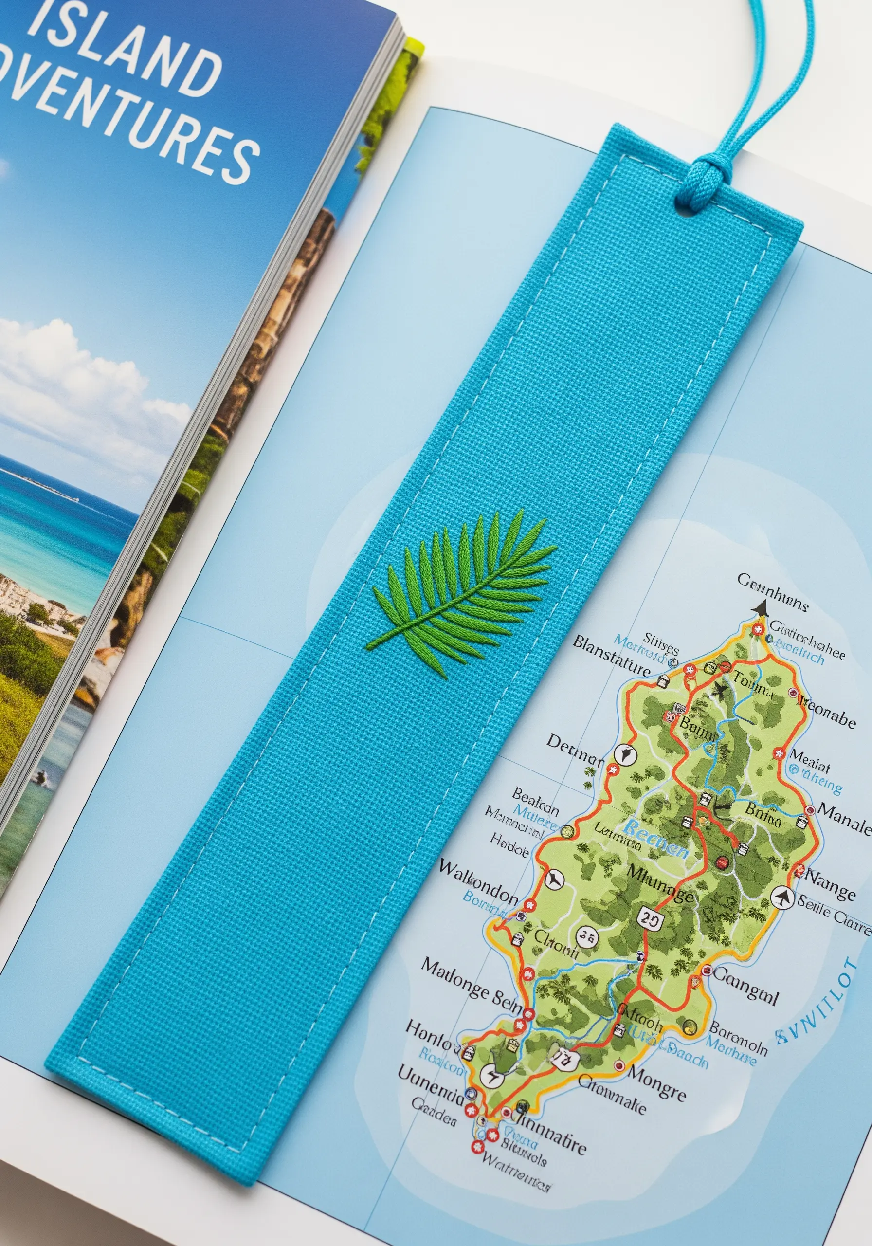 A single green palm leaf embroidered on a bright turquoise bookmark placed on a map.