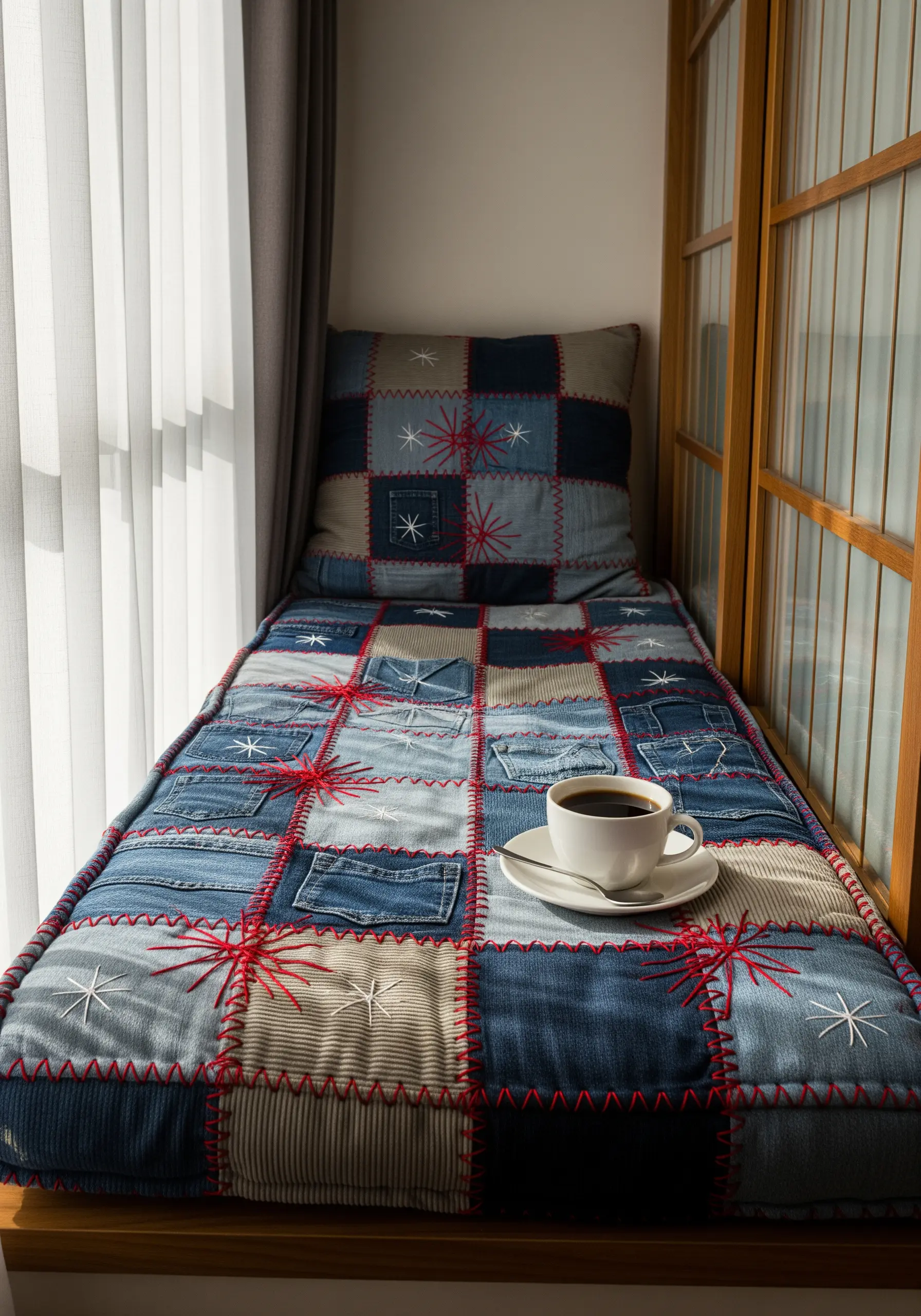 A patchwork bench cushion made from denim scraps with red embroidered starbursts.