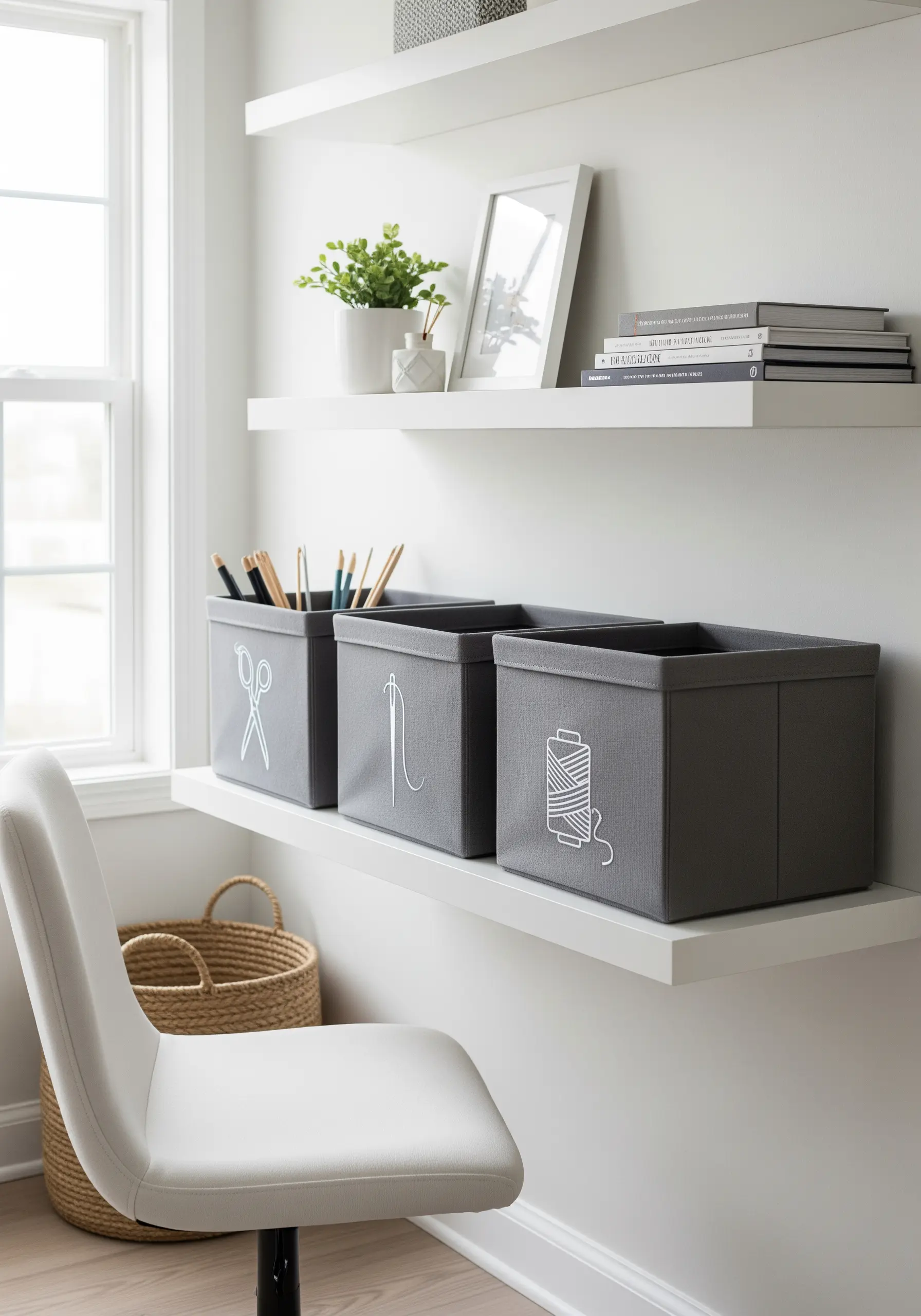 Grey fabric storage bins with white embroidered outlines of craft supplies.