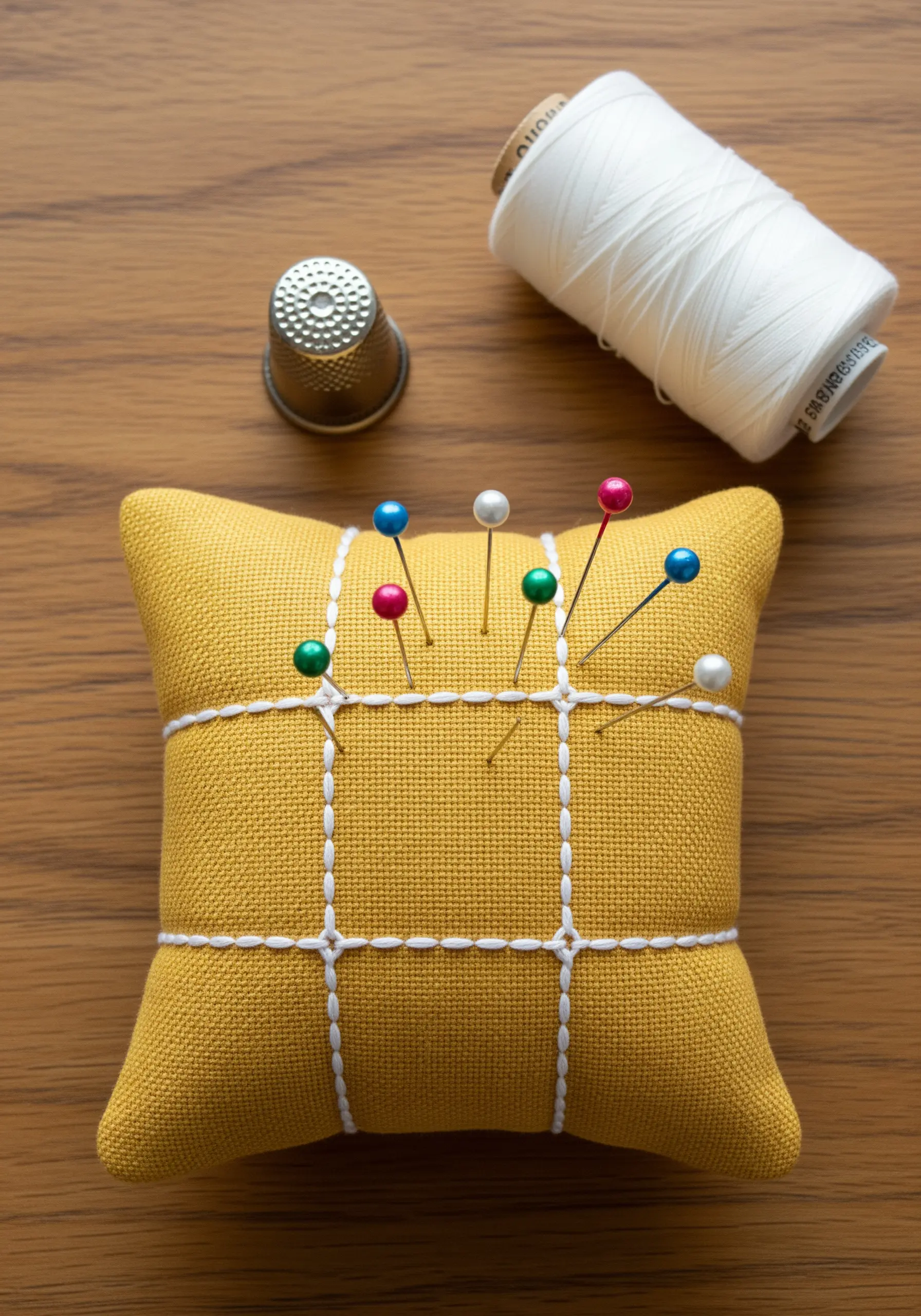A yellow pincushion with a simple grid stitched in white thread, holding colorful pins.
