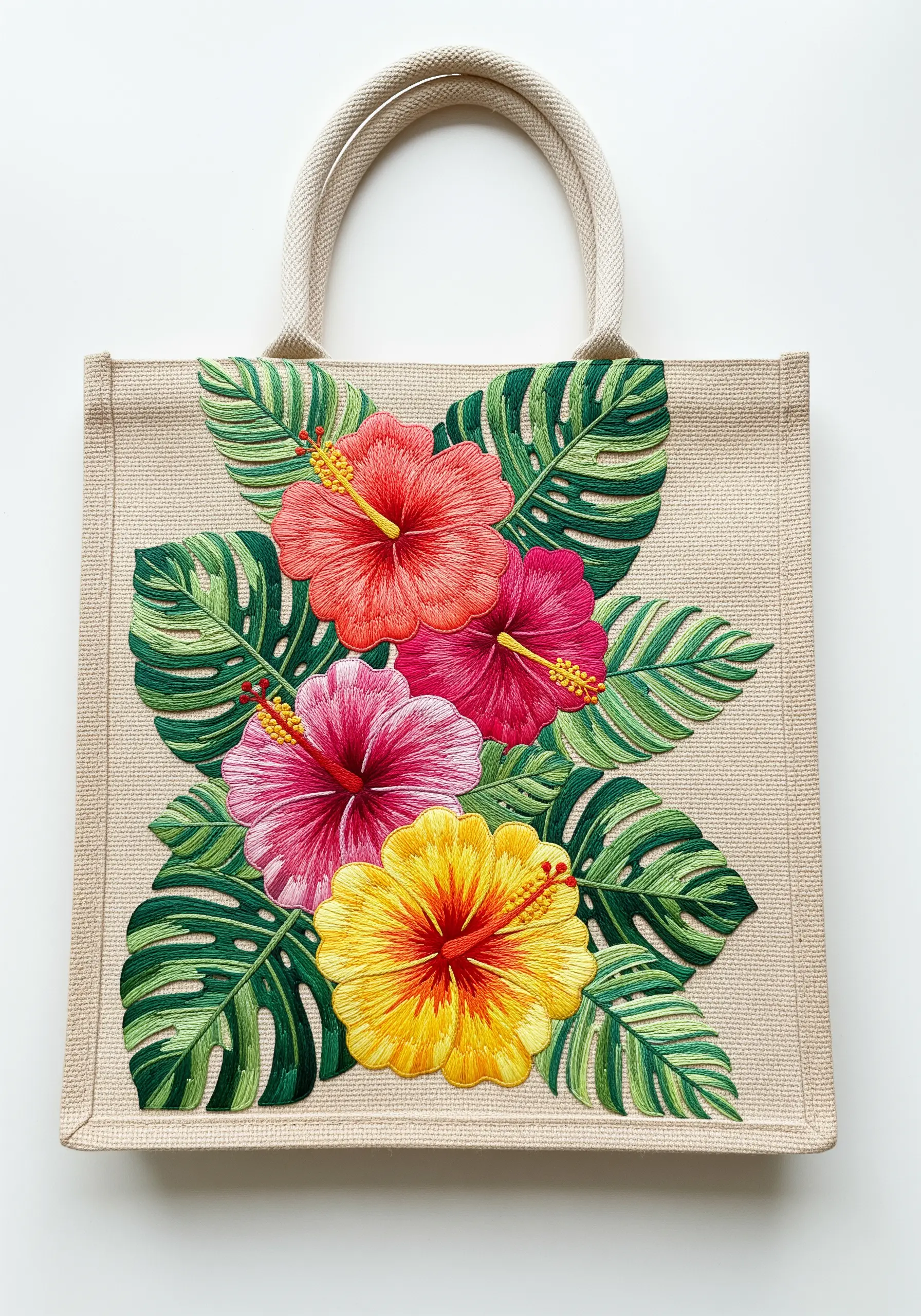 Boldly colored hibiscus flowers and leaves embroidered with a smooth satin stitch finish.