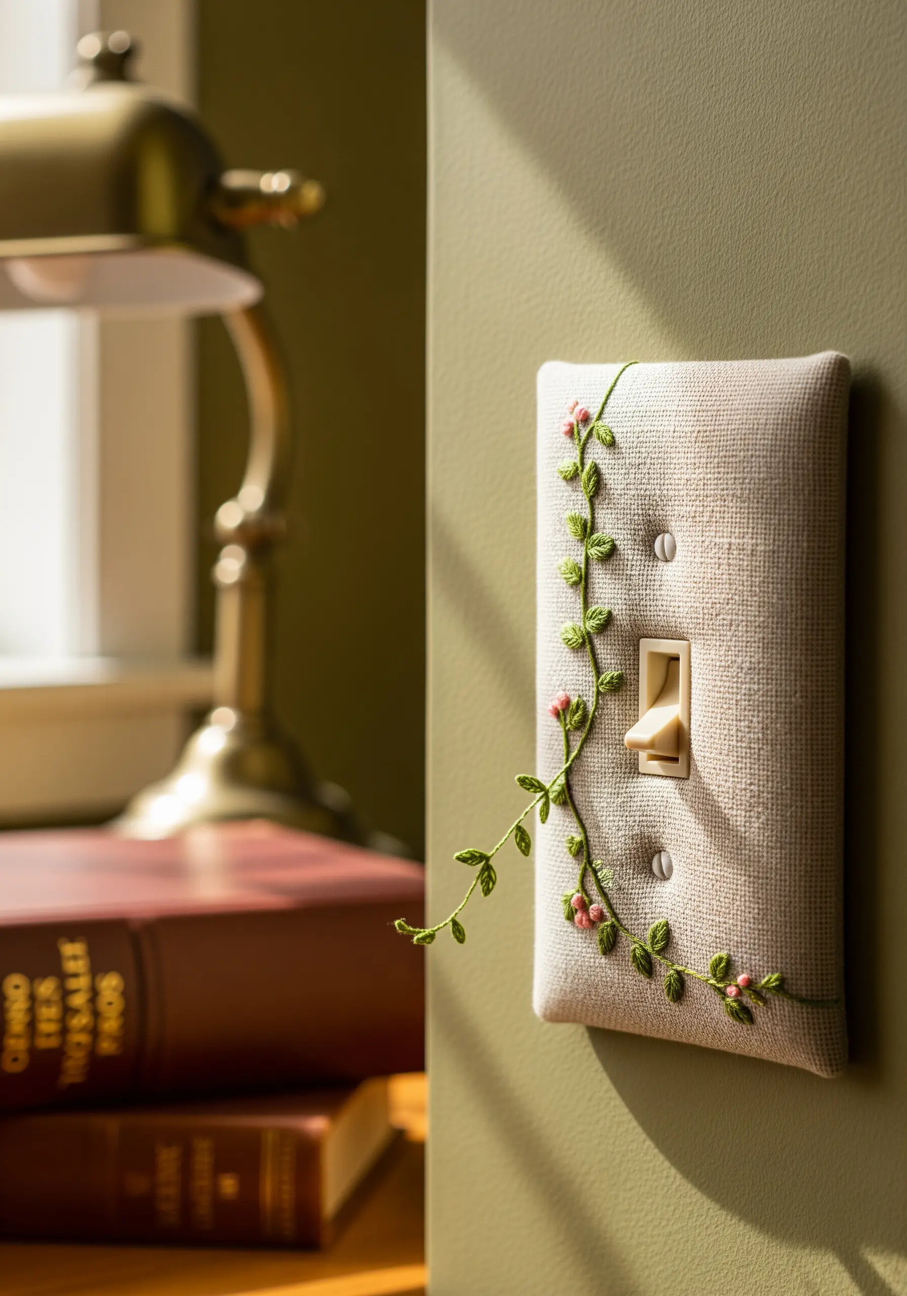 A fabric-covered light switch plate with a delicate vine embroidered around the switch.