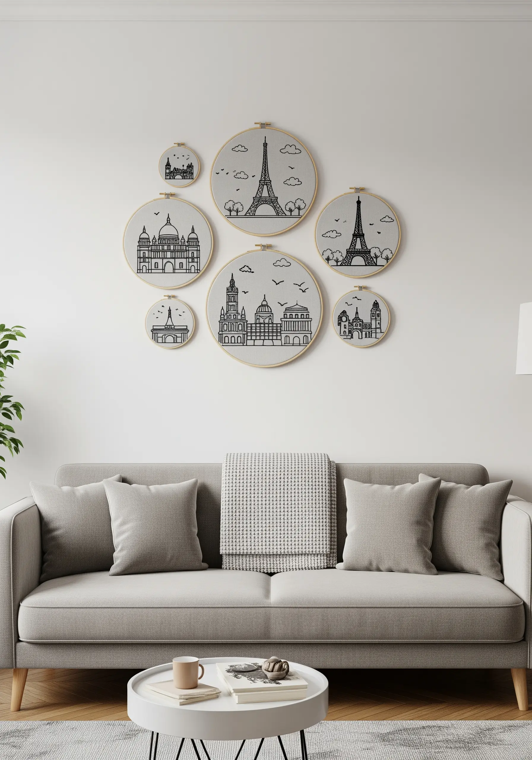 A cluster of embroidery hoops with simple line-art illustrations of famous travel landmarks.