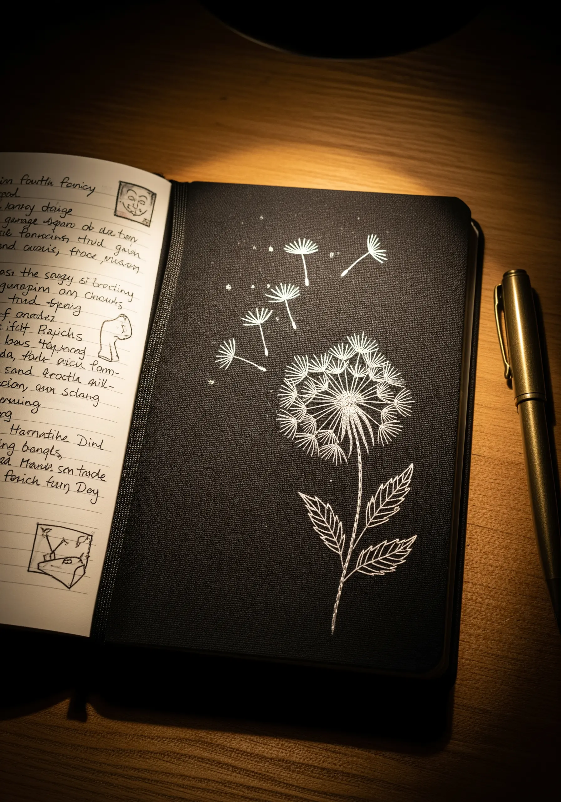 A dandelion with seeds blowing in the wind, embroidered in white on a black journal.