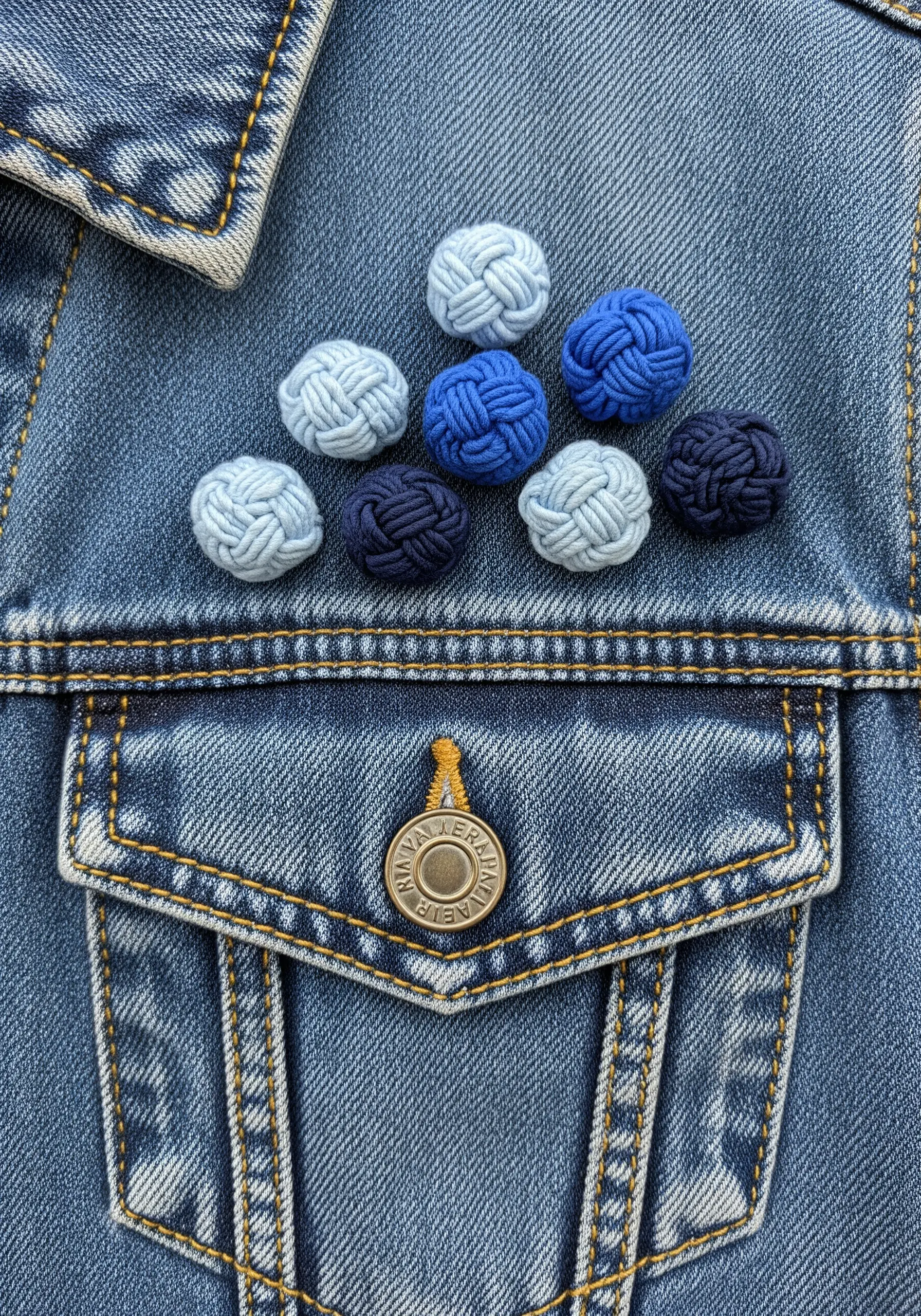 A cluster of nine 3D woven knots in various shades of blue on a denim jacket