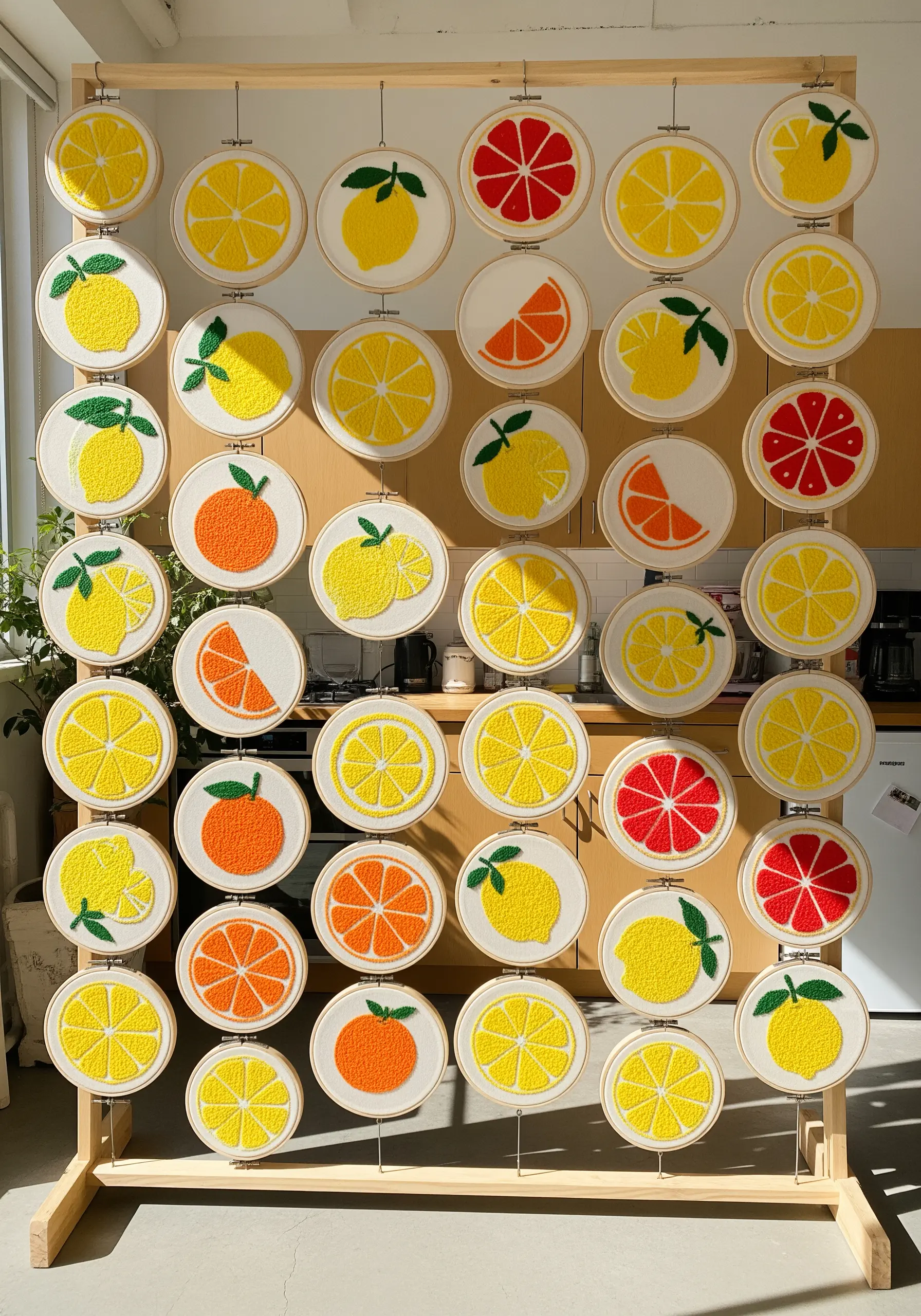 A grid of embroidery hoops featuring punch needle lemons, oranges, and grapefruits.