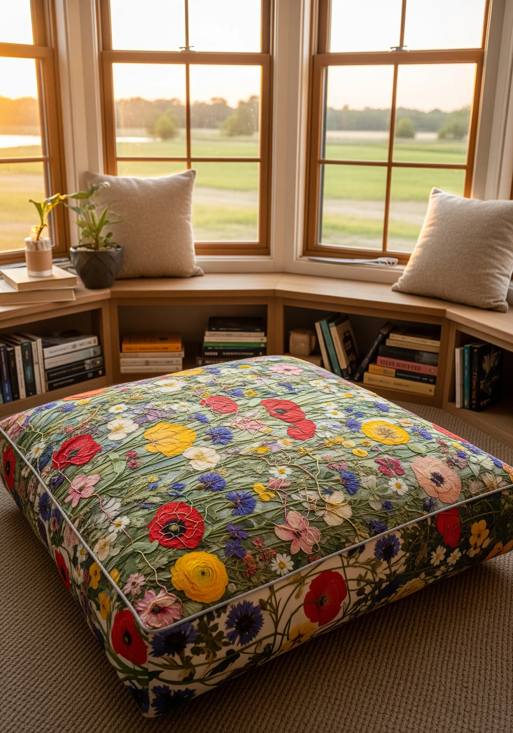 A large floor cushion with a vibrant floral print that has been enhanced with embroidery.