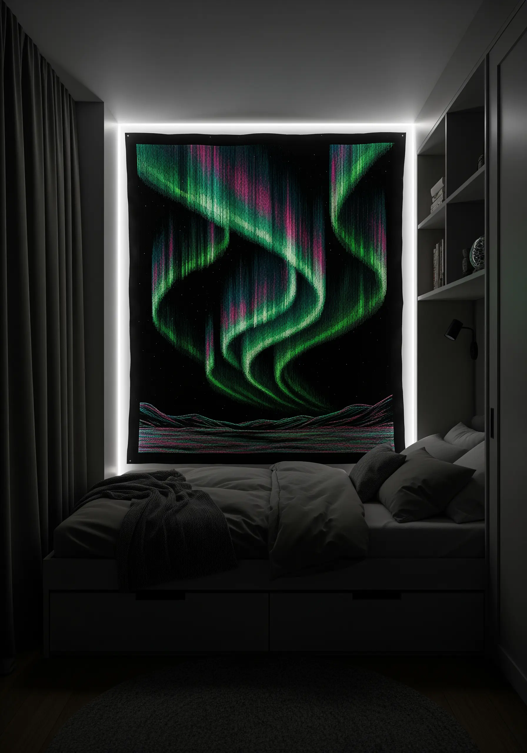 A wall tapestry depicting the Aurora Borealis embroidered with glowing green and pink threads.