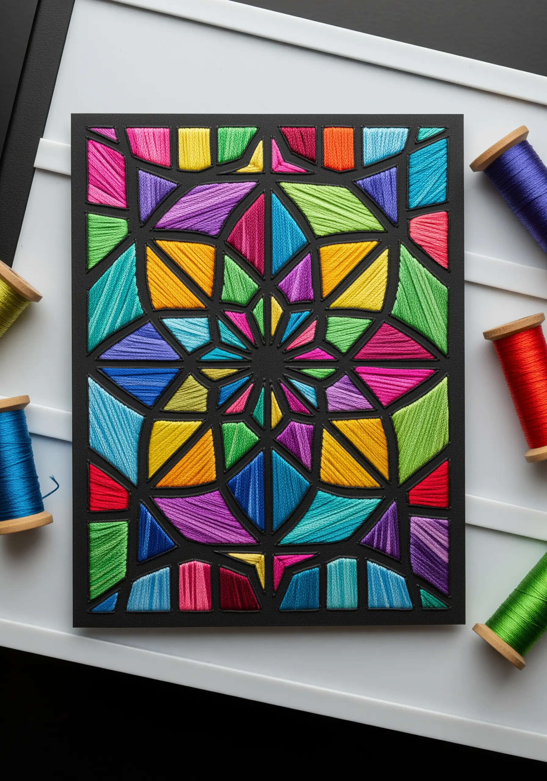 A geometric stained glass window design created with brightly colored satin stitch on black paper.
