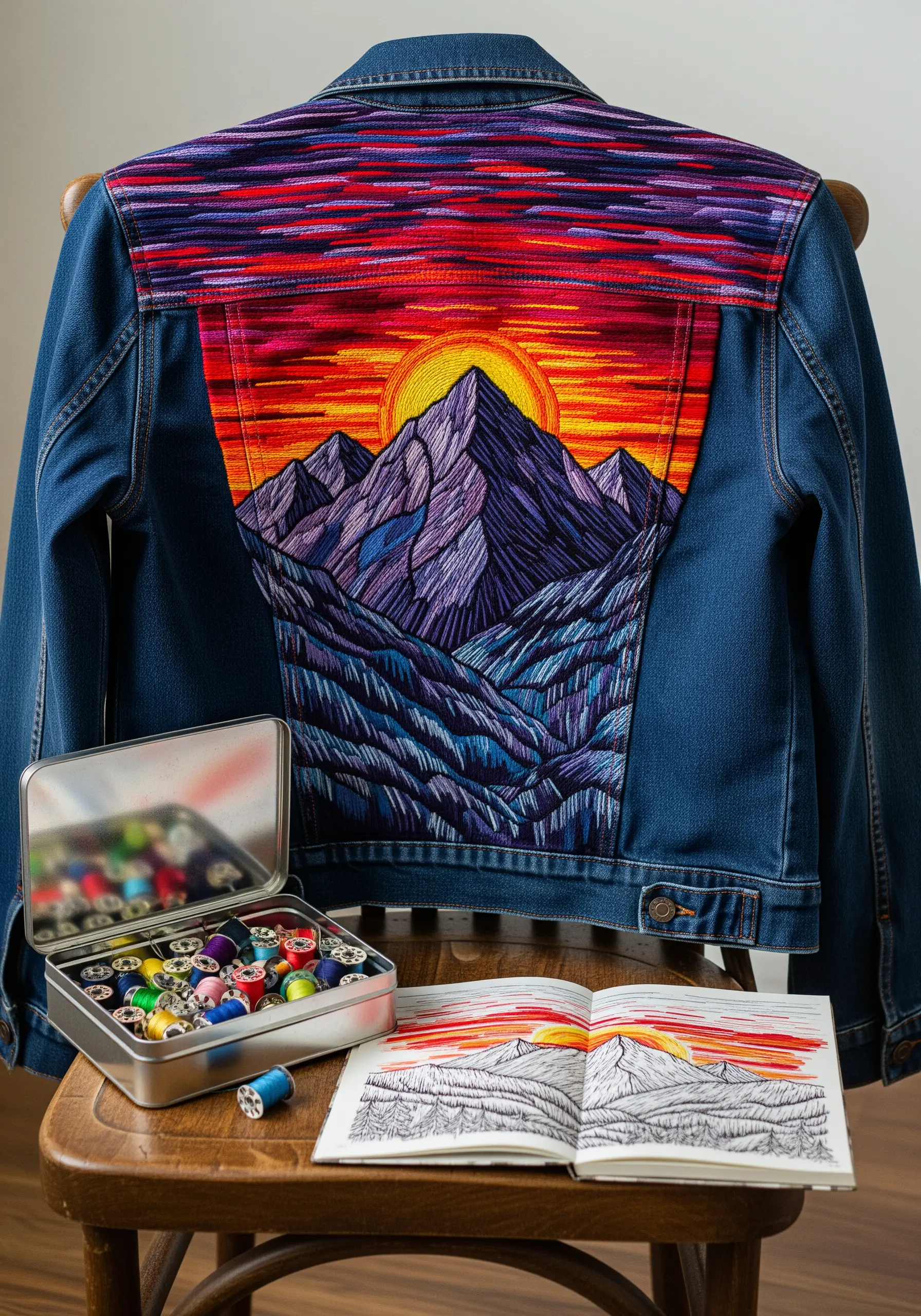 Thread-painted mountain sunset scene on the back panel of a denim jacket.
