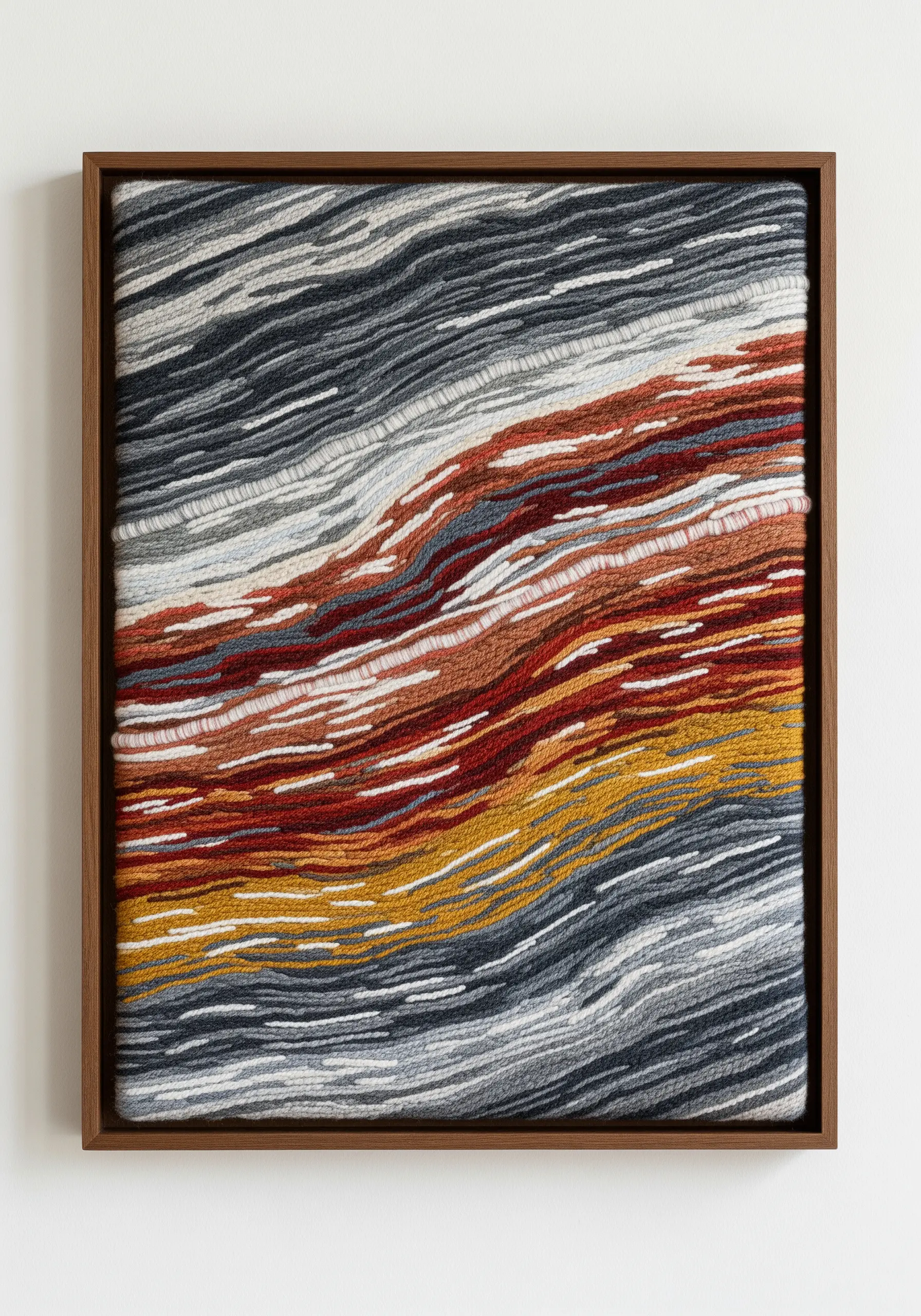 Framed abstract embroidery resembling geological layers in earthy and gray tones.
