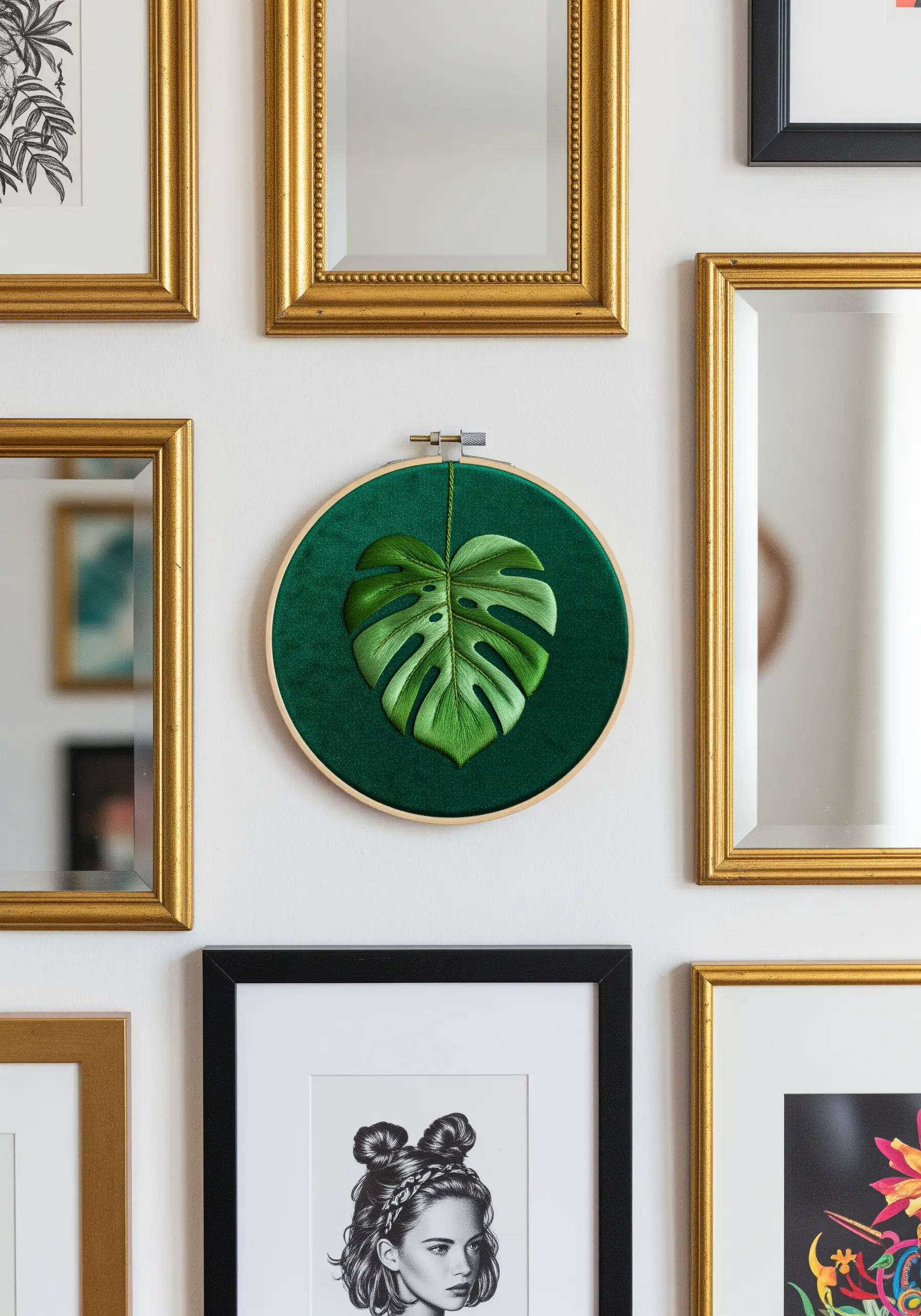 Realistic thread-painted monstera leaf on dark green velvet fabric.