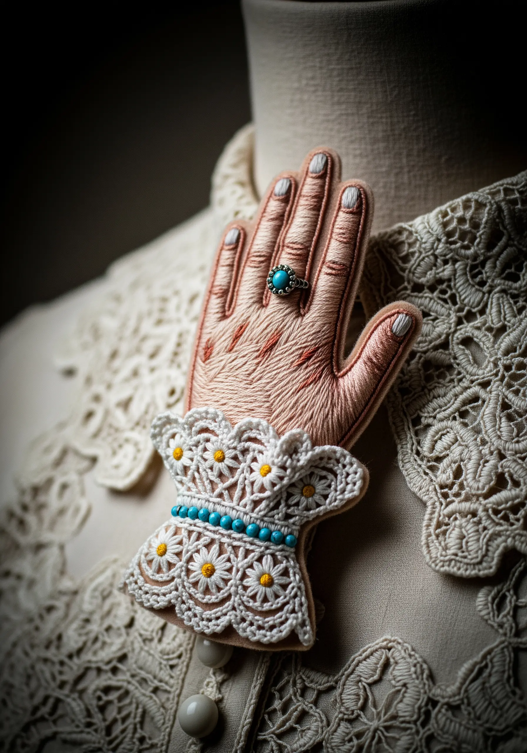 A detailed embroidered brooch of a Victorian hand with a lace cuff.
