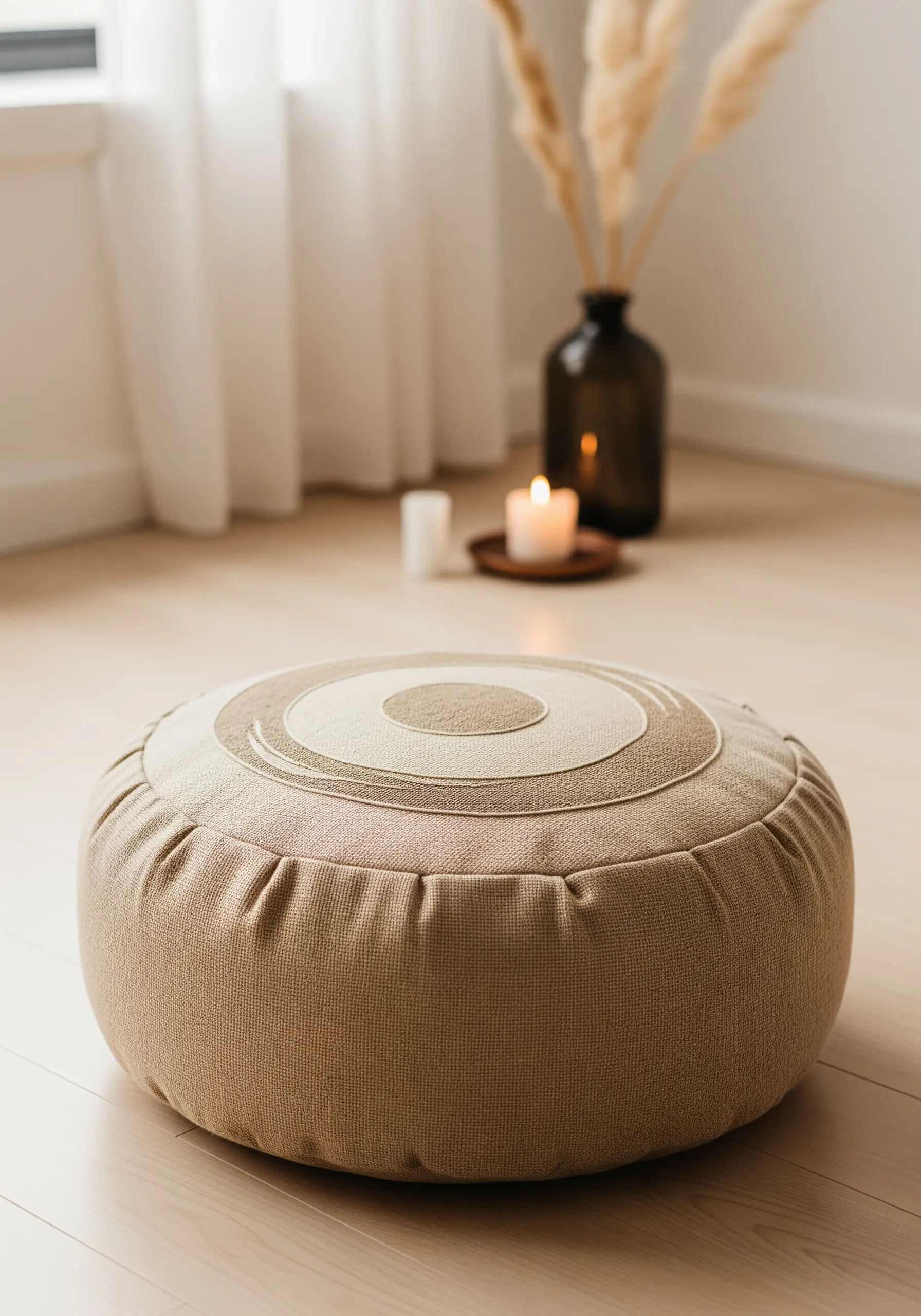 Concentric circles in shades of beige and cream embroidered on a round floor cushion.