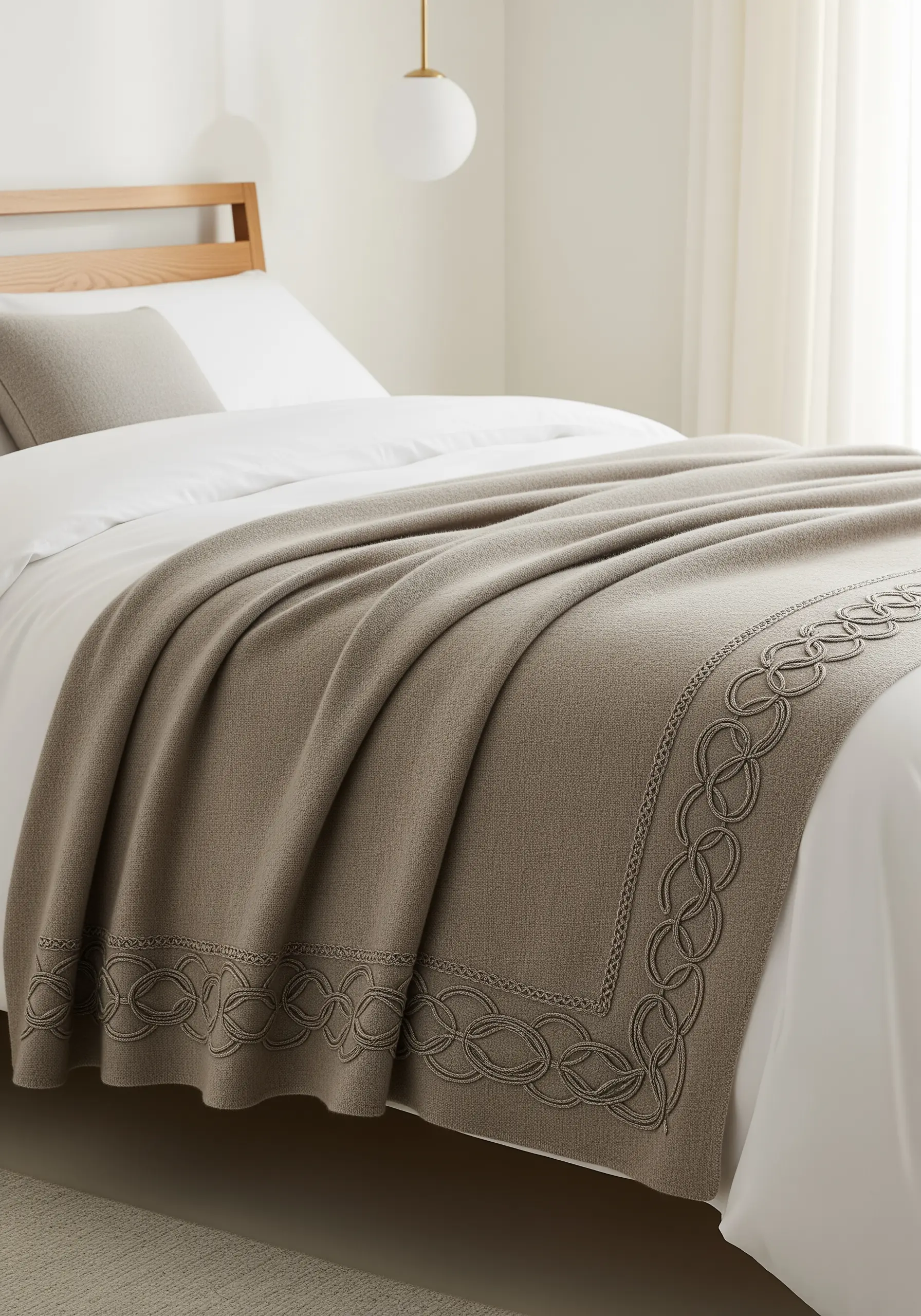 A decorative, interlocking border embroidered in taupe thread on a matching wool blanket.