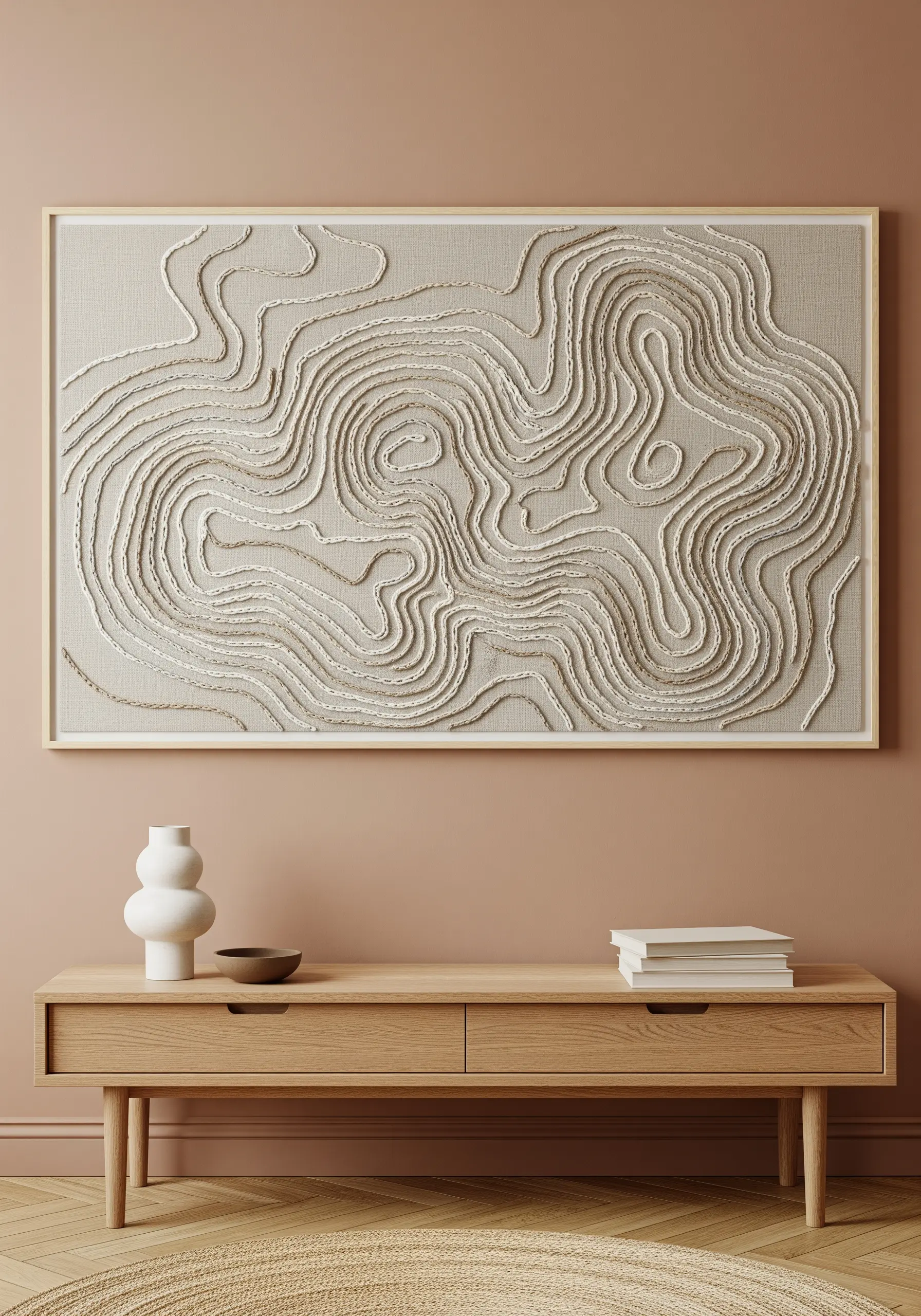 Large-scale abstract embroidery of topographic map lines in off-white thread.